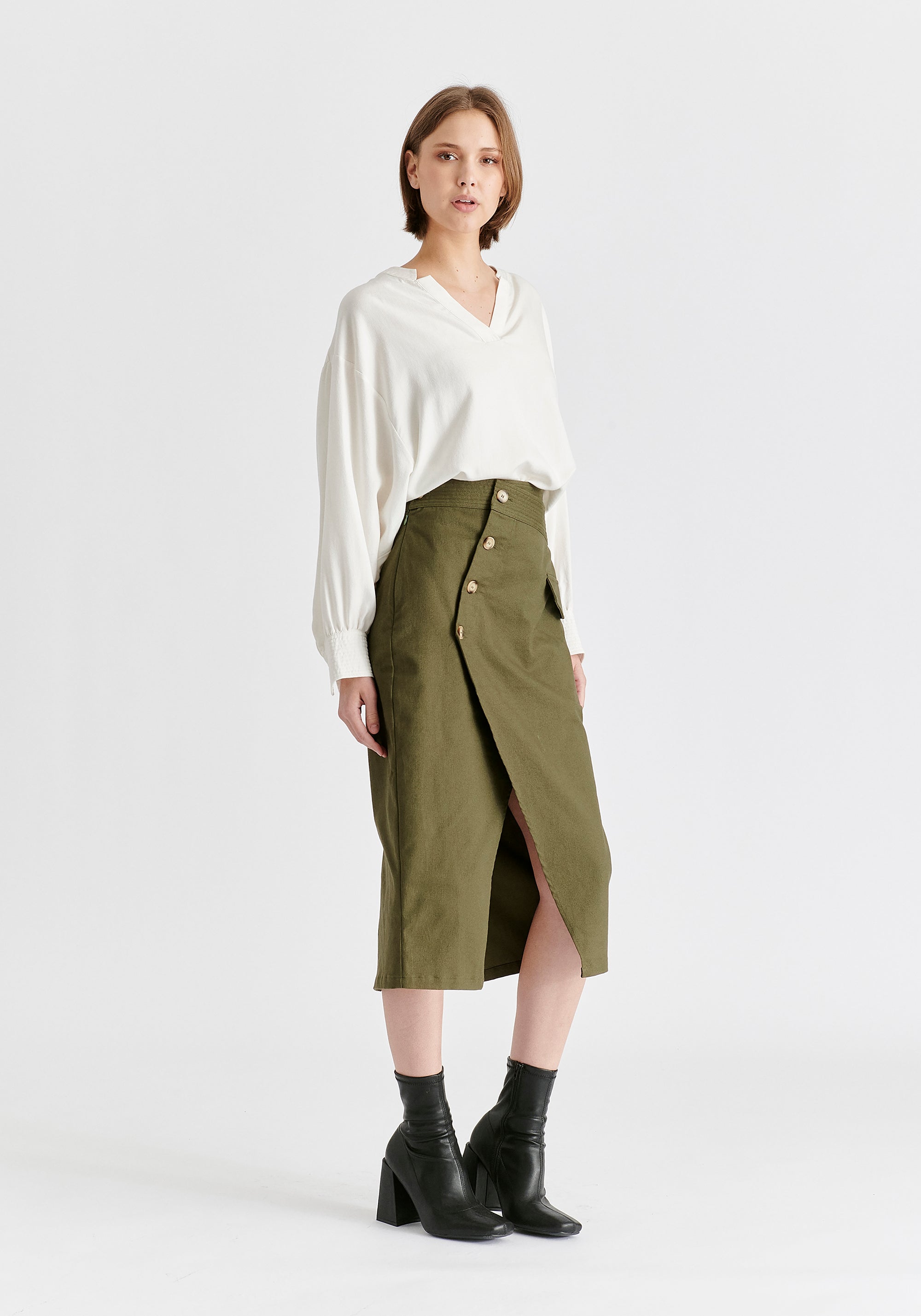 Asymmetric Midi Skirt with Button Details Front