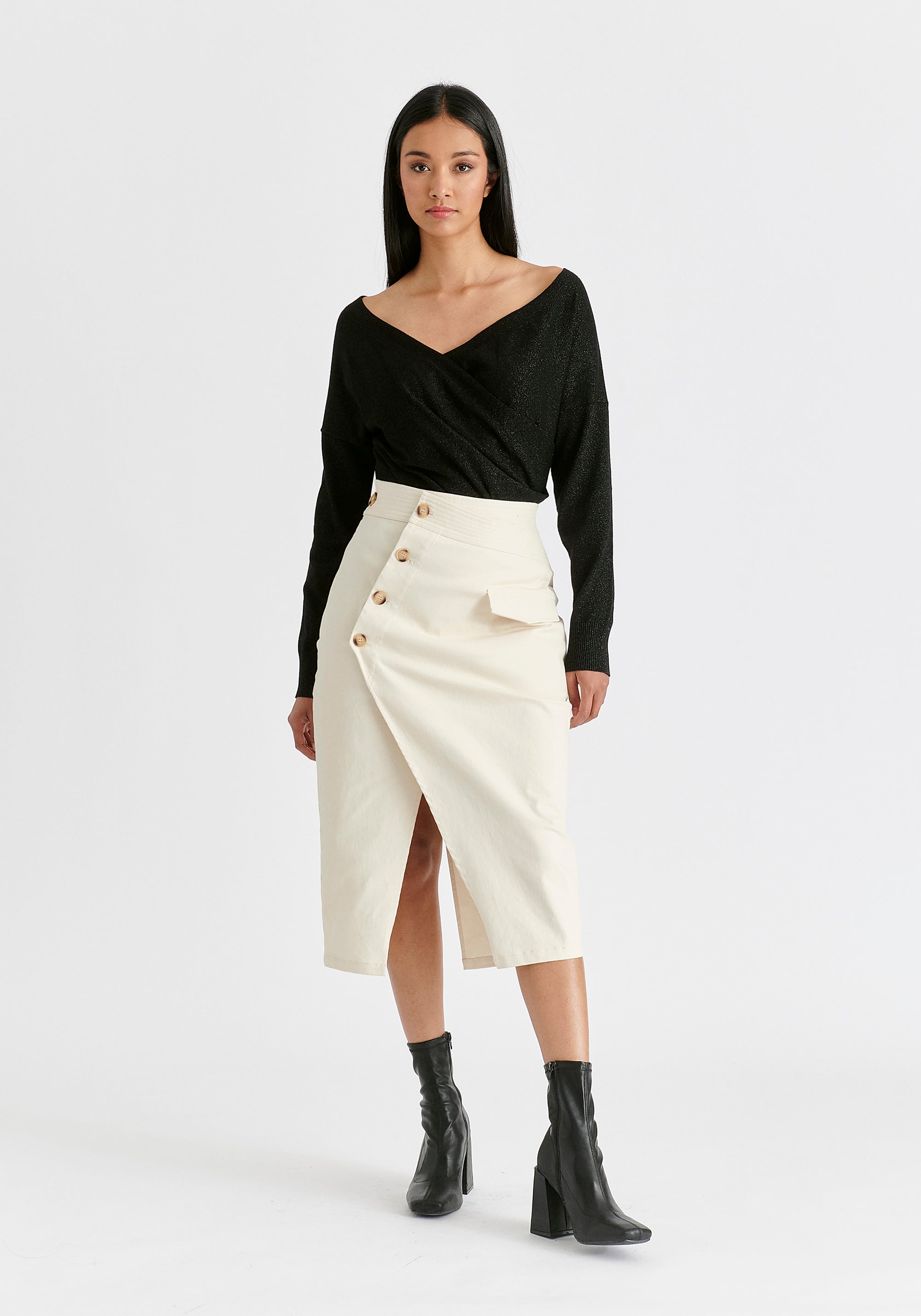 Asymmetric Midi Skirt with Button Details Front