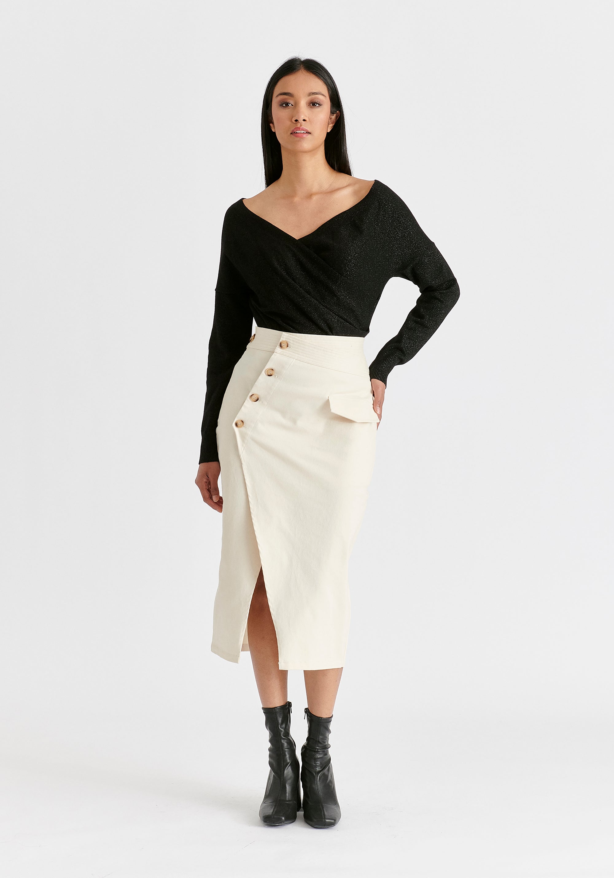 Asymmetric Midi Skirt with Button Details Front