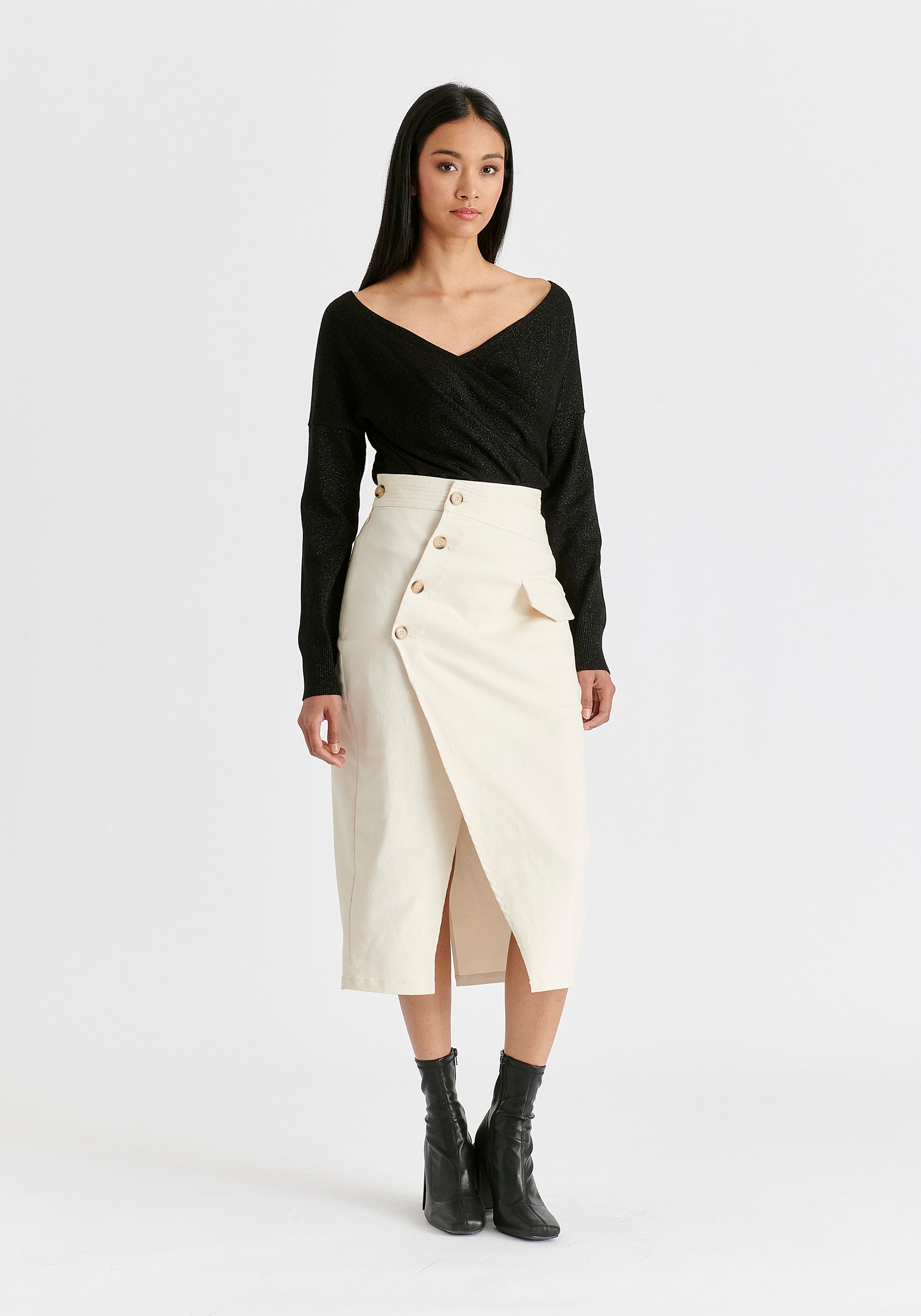 Asymmetric Midi Skirt with Button Details Front