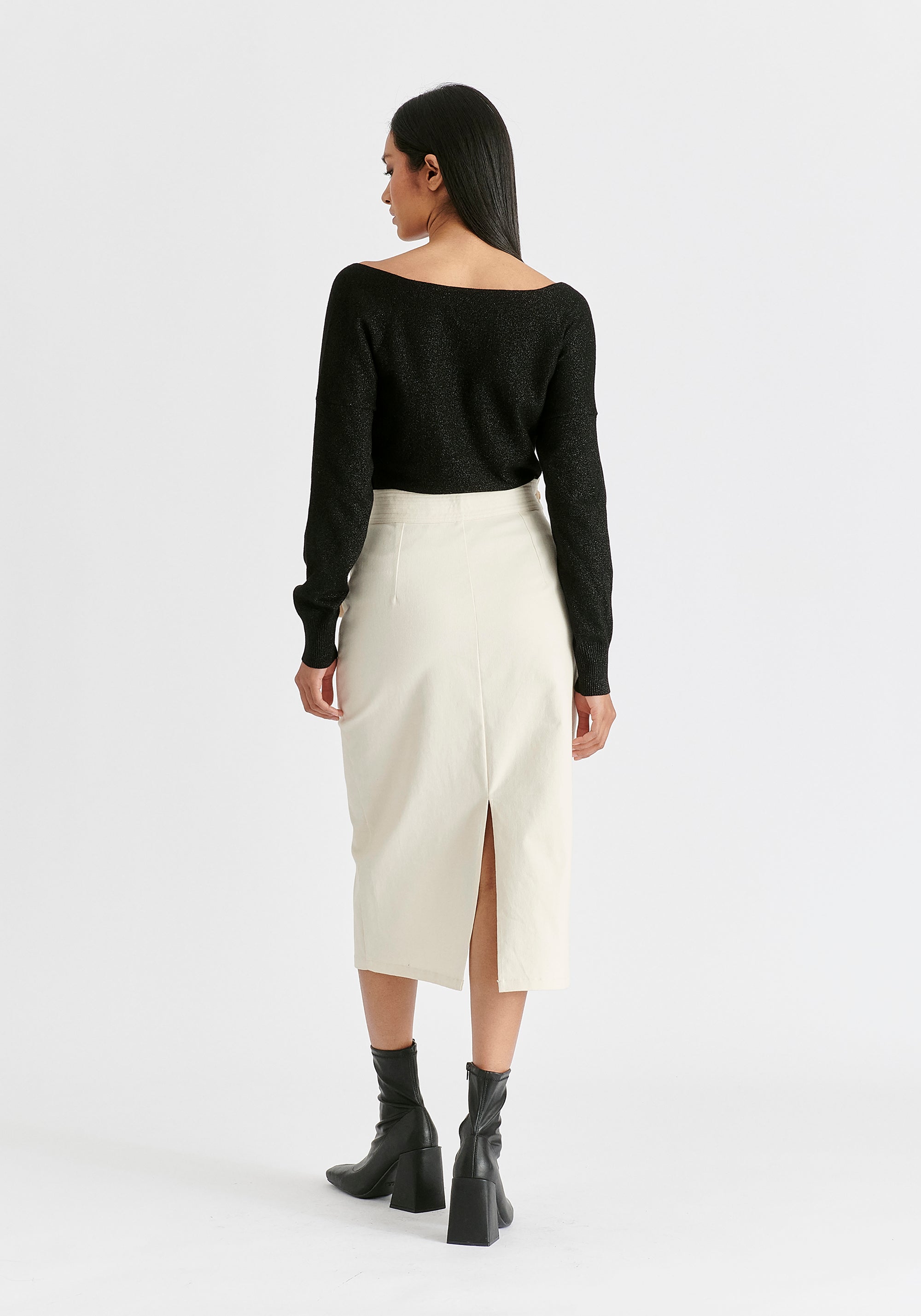 Asymmetric Midi Skirt with Button Details Back