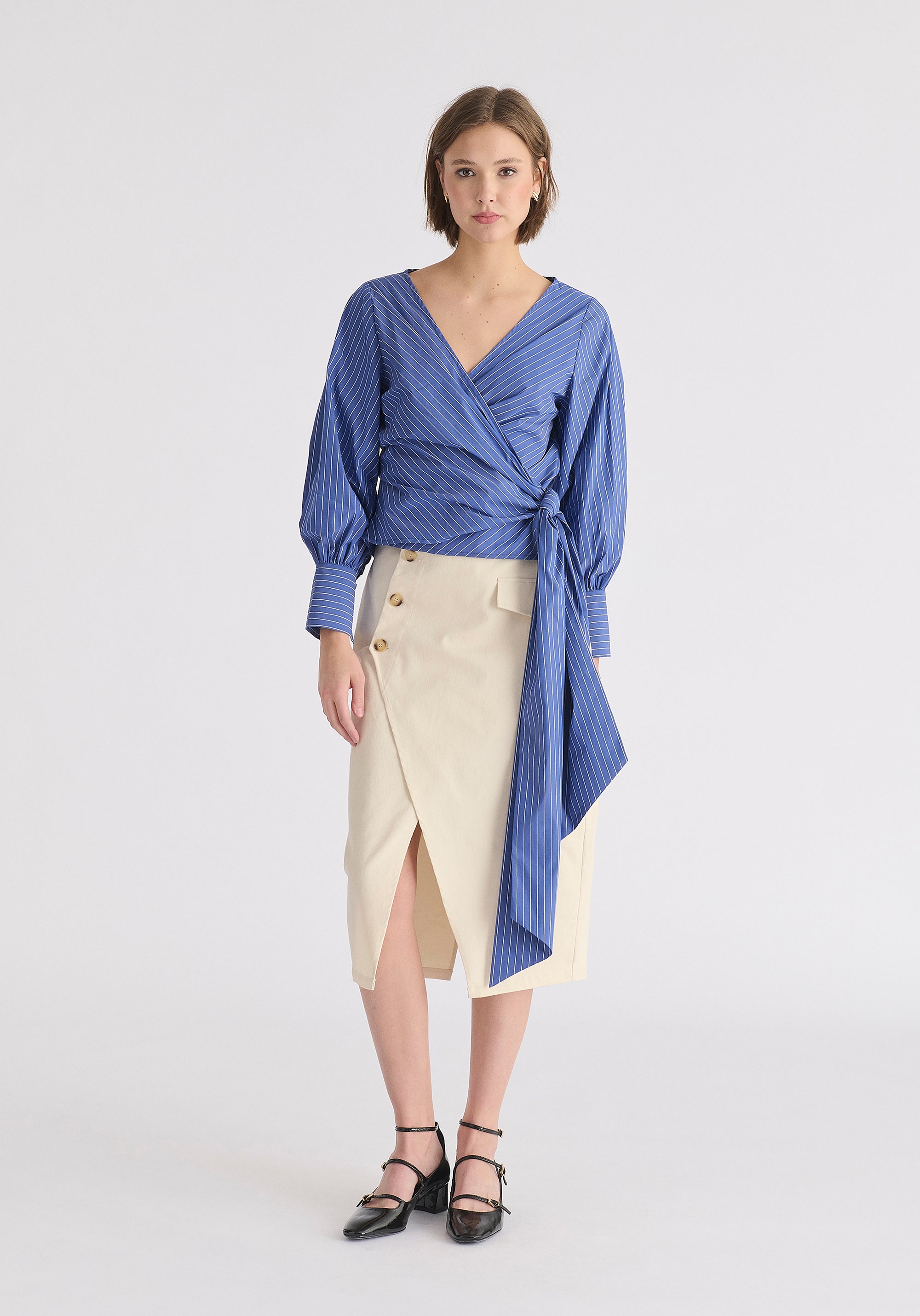 Asymmetric Midi Skirt with Button Details Front