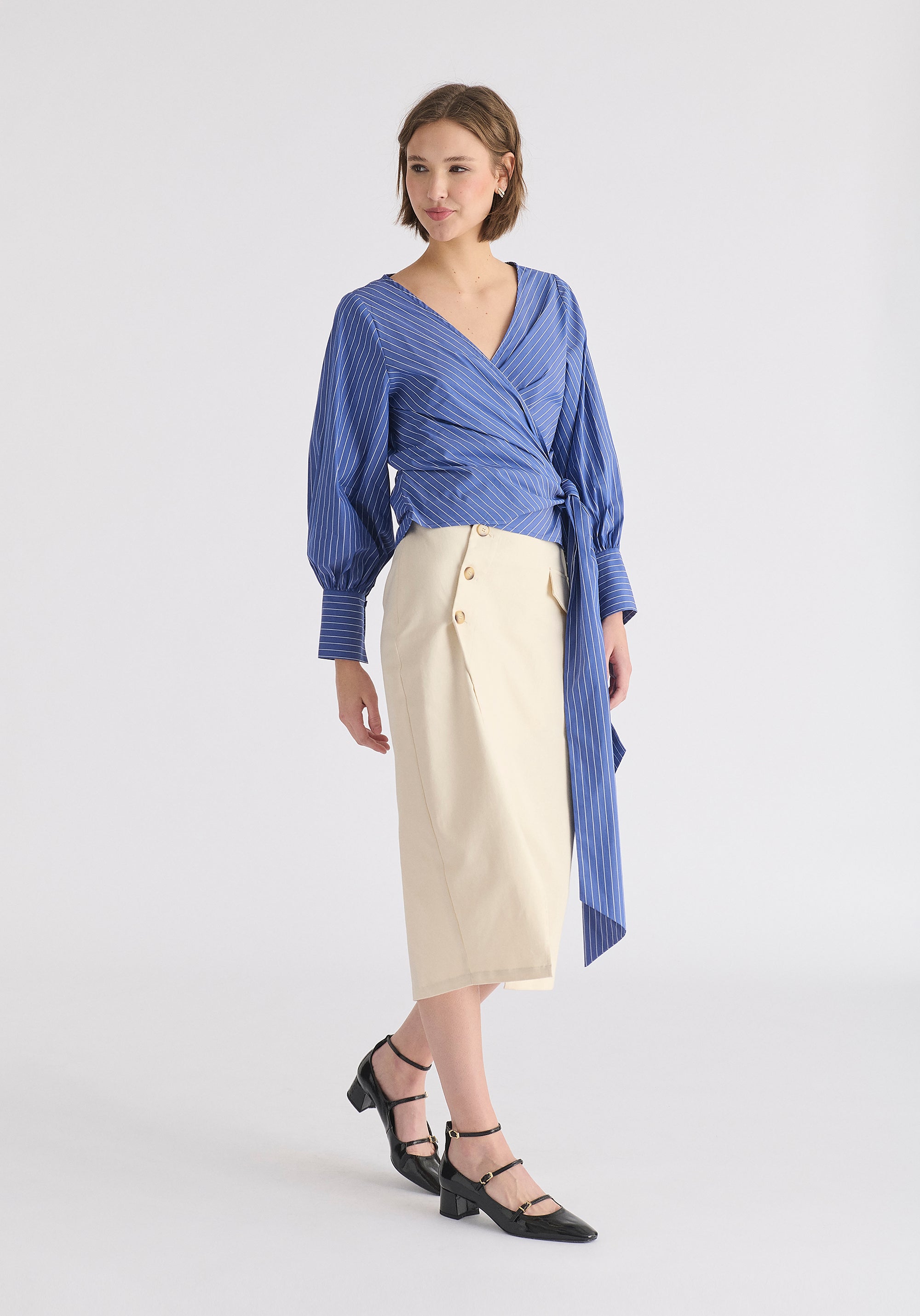 Asymmetric Midi Skirt with Button Details Side