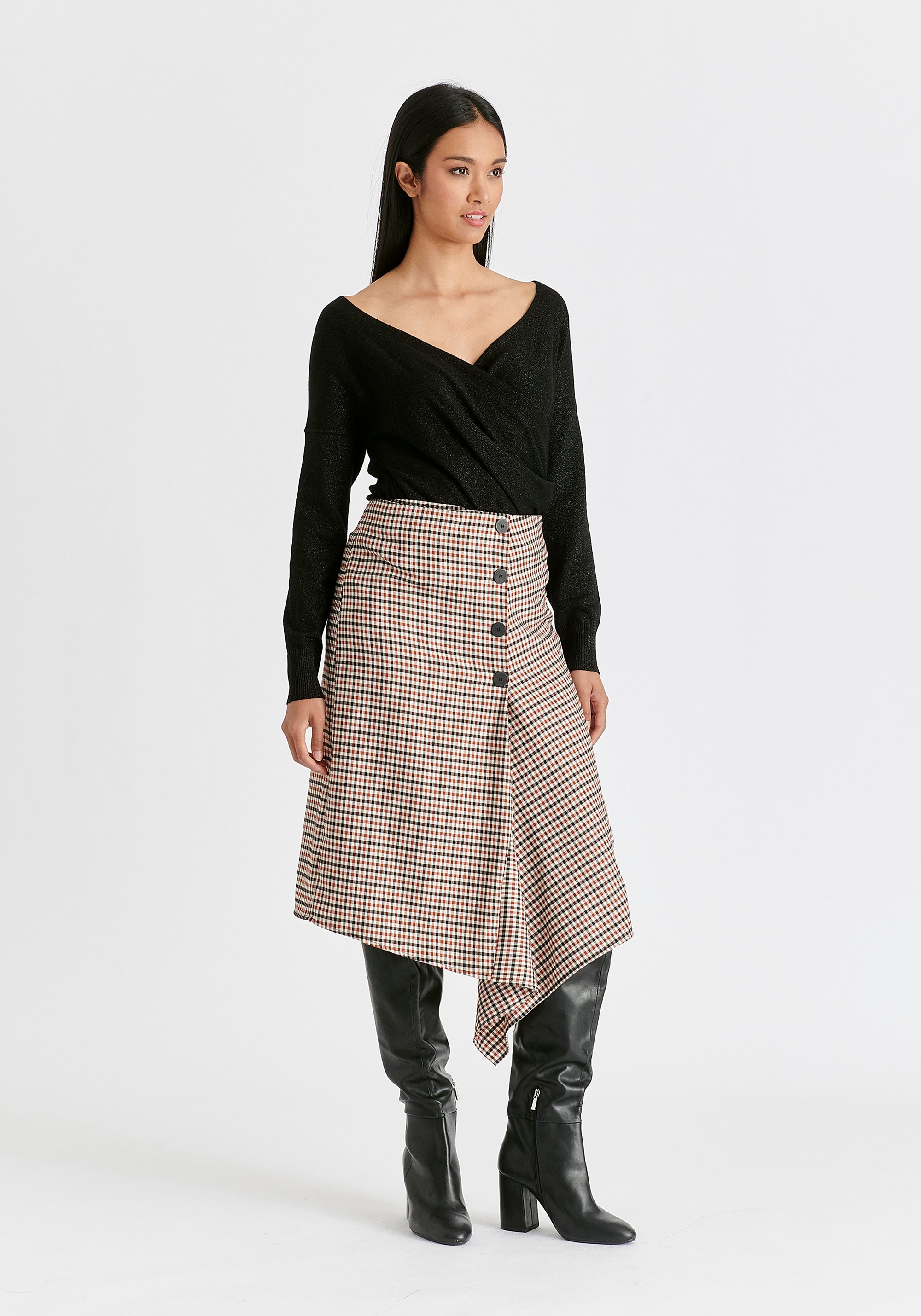 Draped Check Skirt in Red, White and Black Front