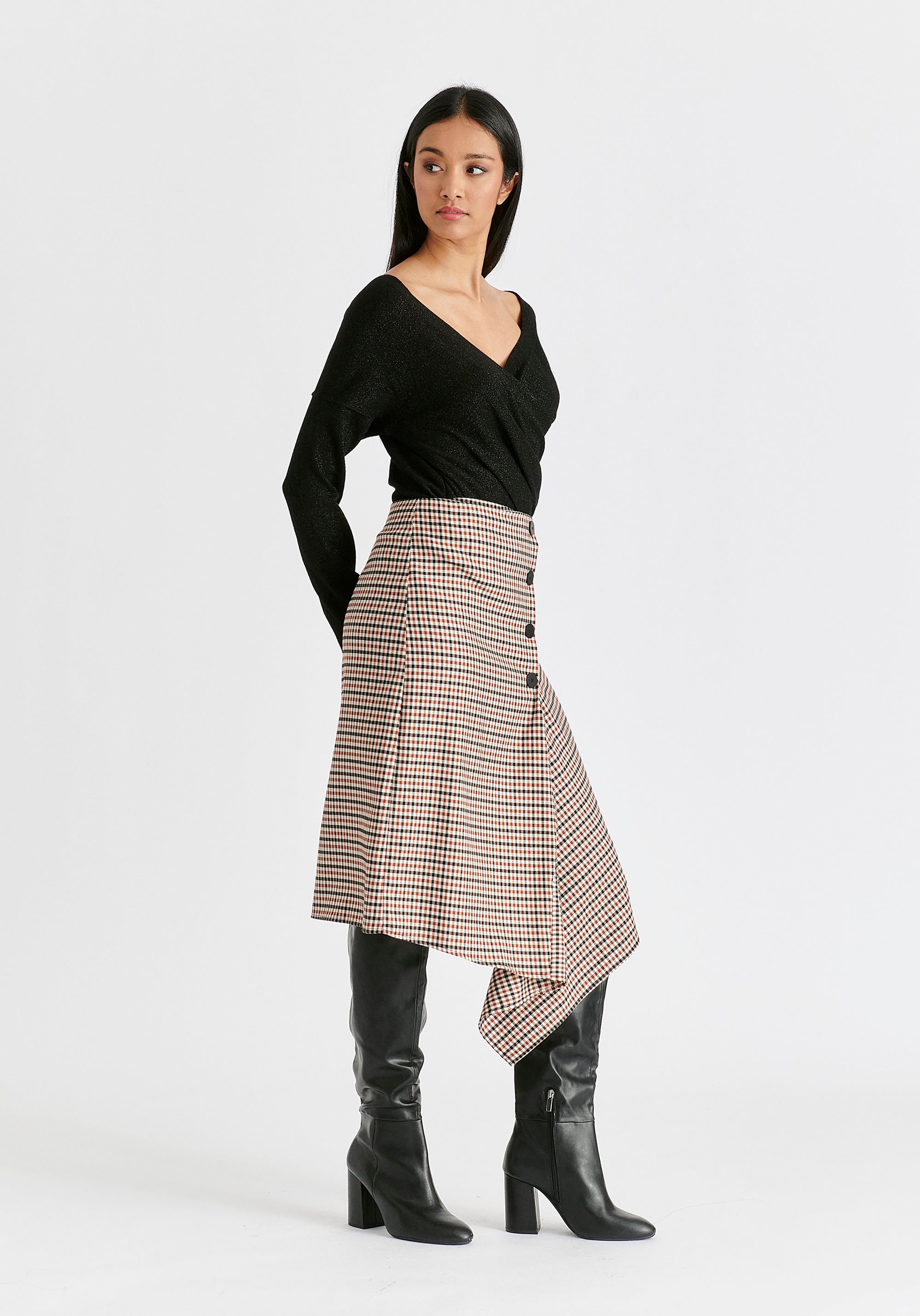 Draped Check Skirt in Red, White and Black Side