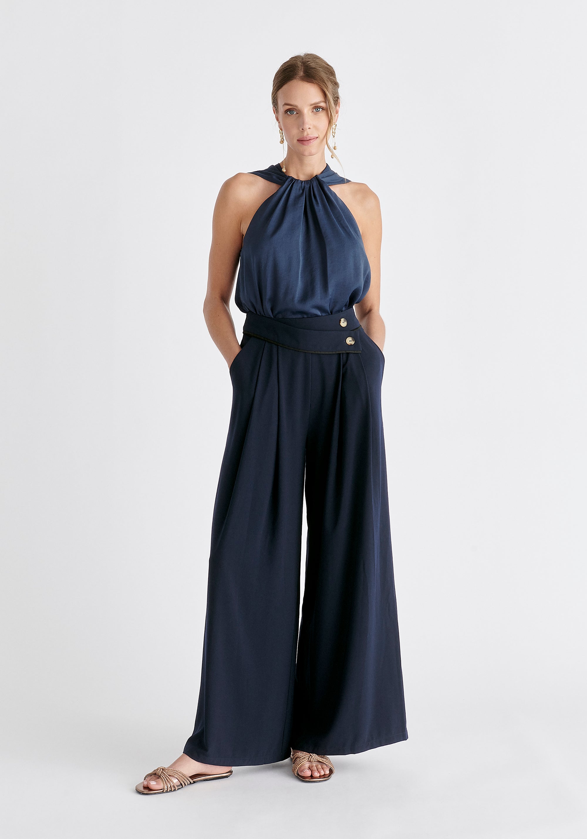 Asymmetric Waistband Trousers in Navy and Black