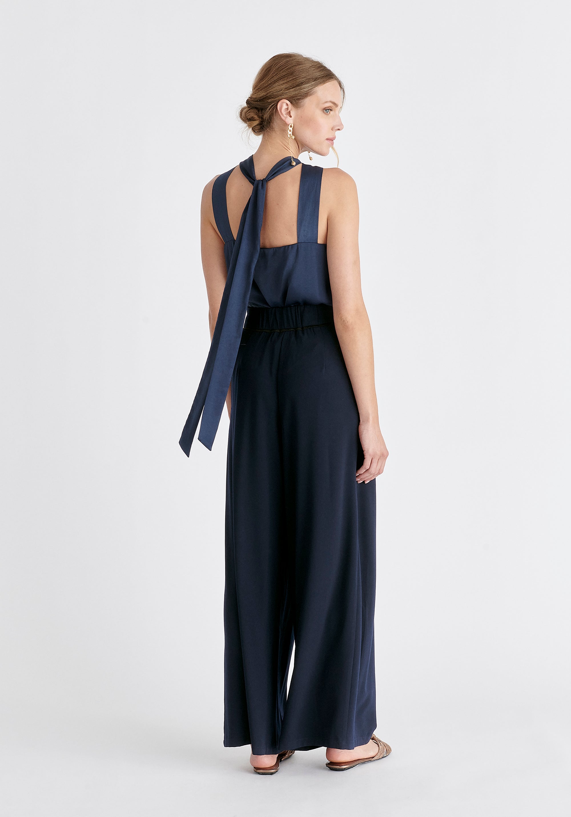 Asymmetric Waistband Trousers in Navy and Black Back