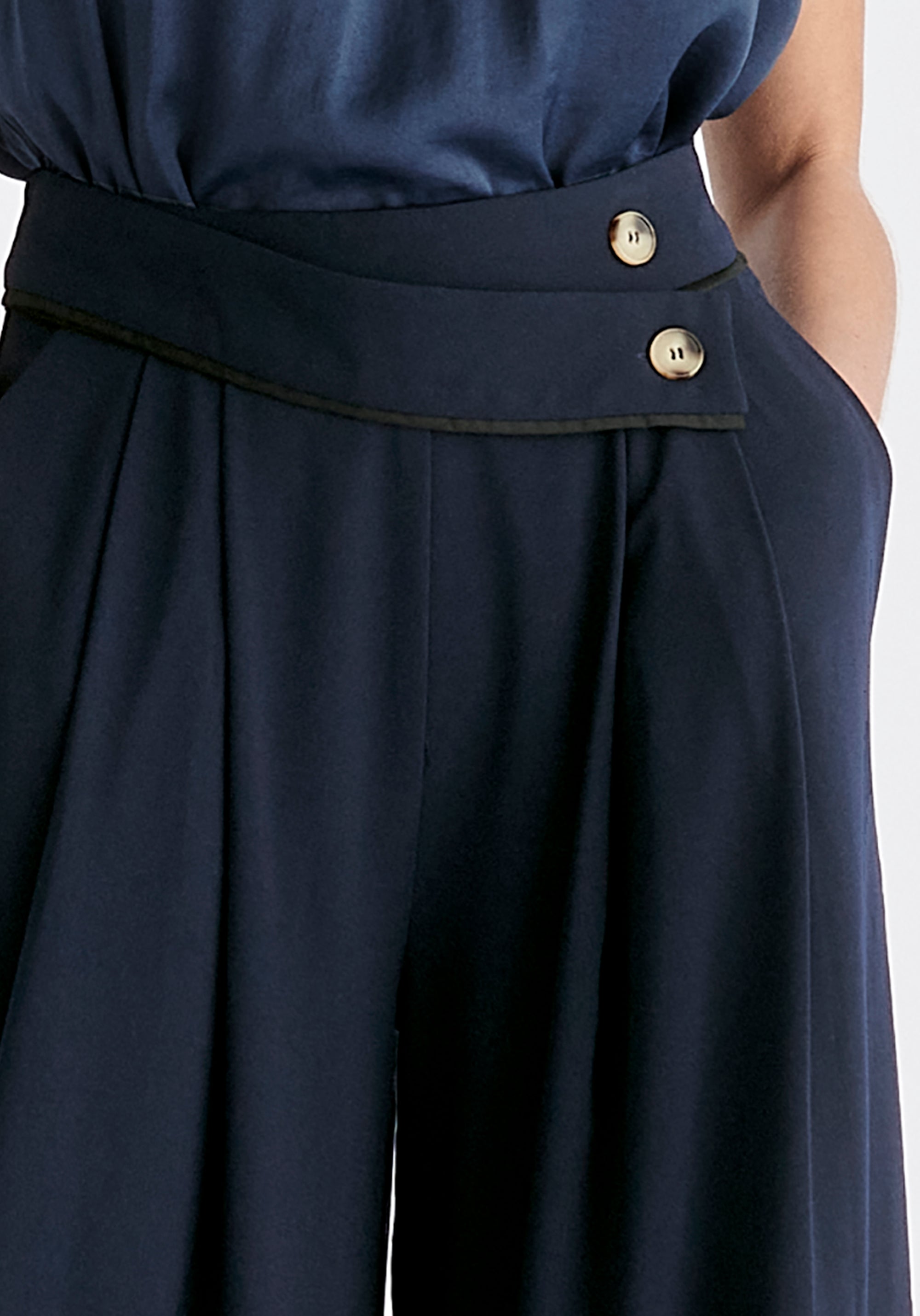 Asymmetric Waistband Trousers in Navy and Black Close Up