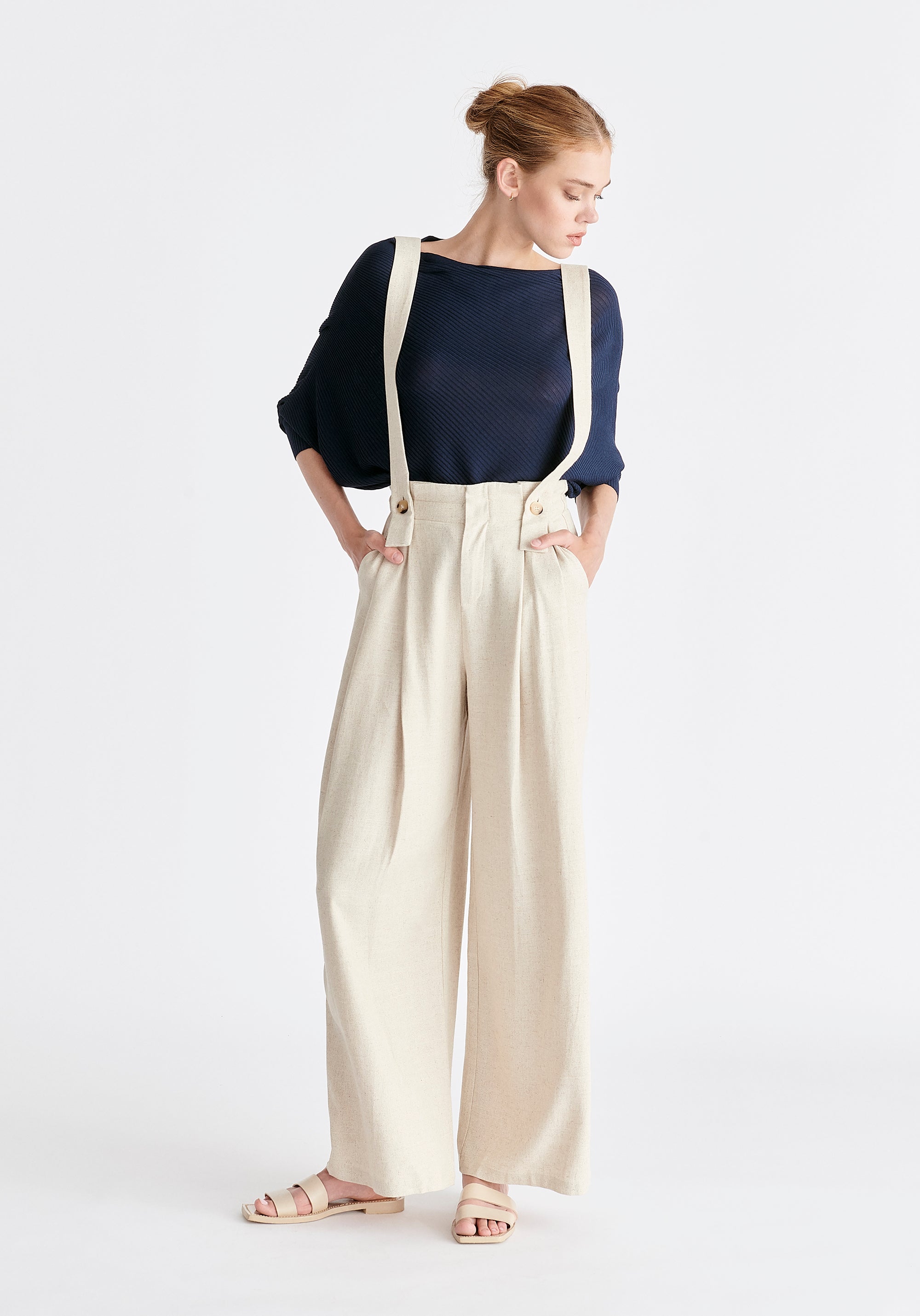 Linen Blend Detachable Suspender Trousers in Oatmeal