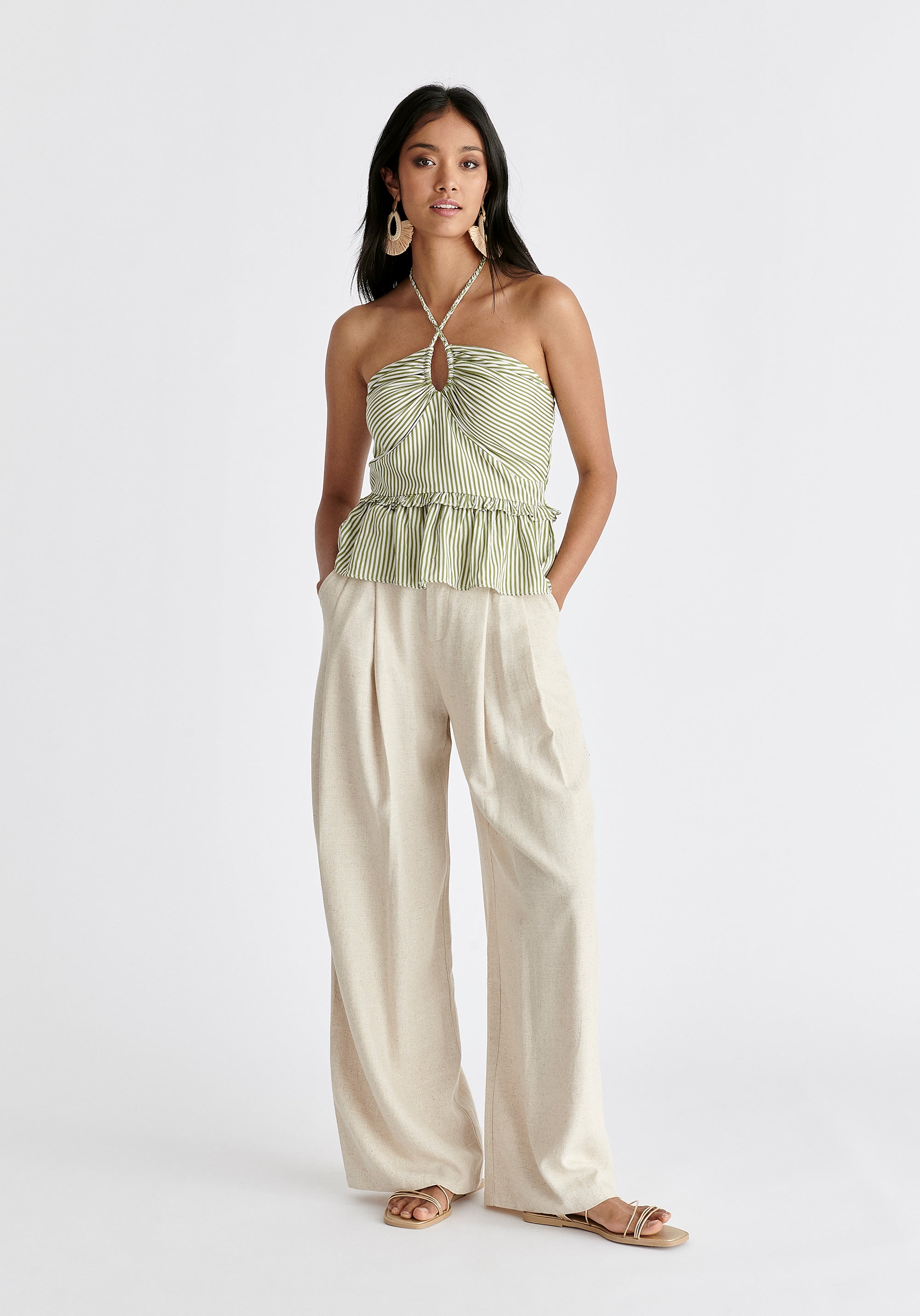 Linen Blend Detachable Suspender Trousers in Oatmeal