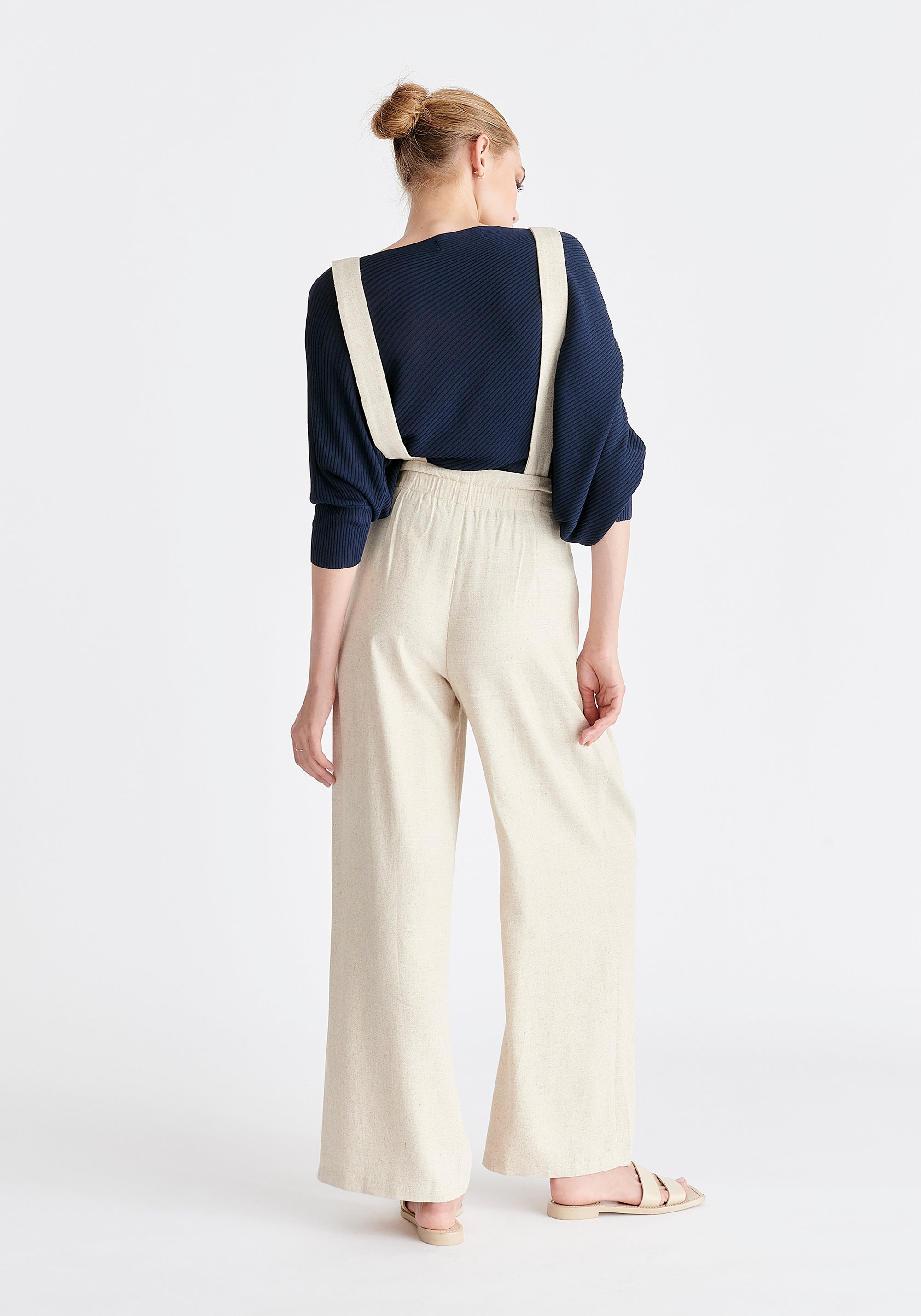 Linen Blend Detachable Suspender Trousers in Oatmeal Back