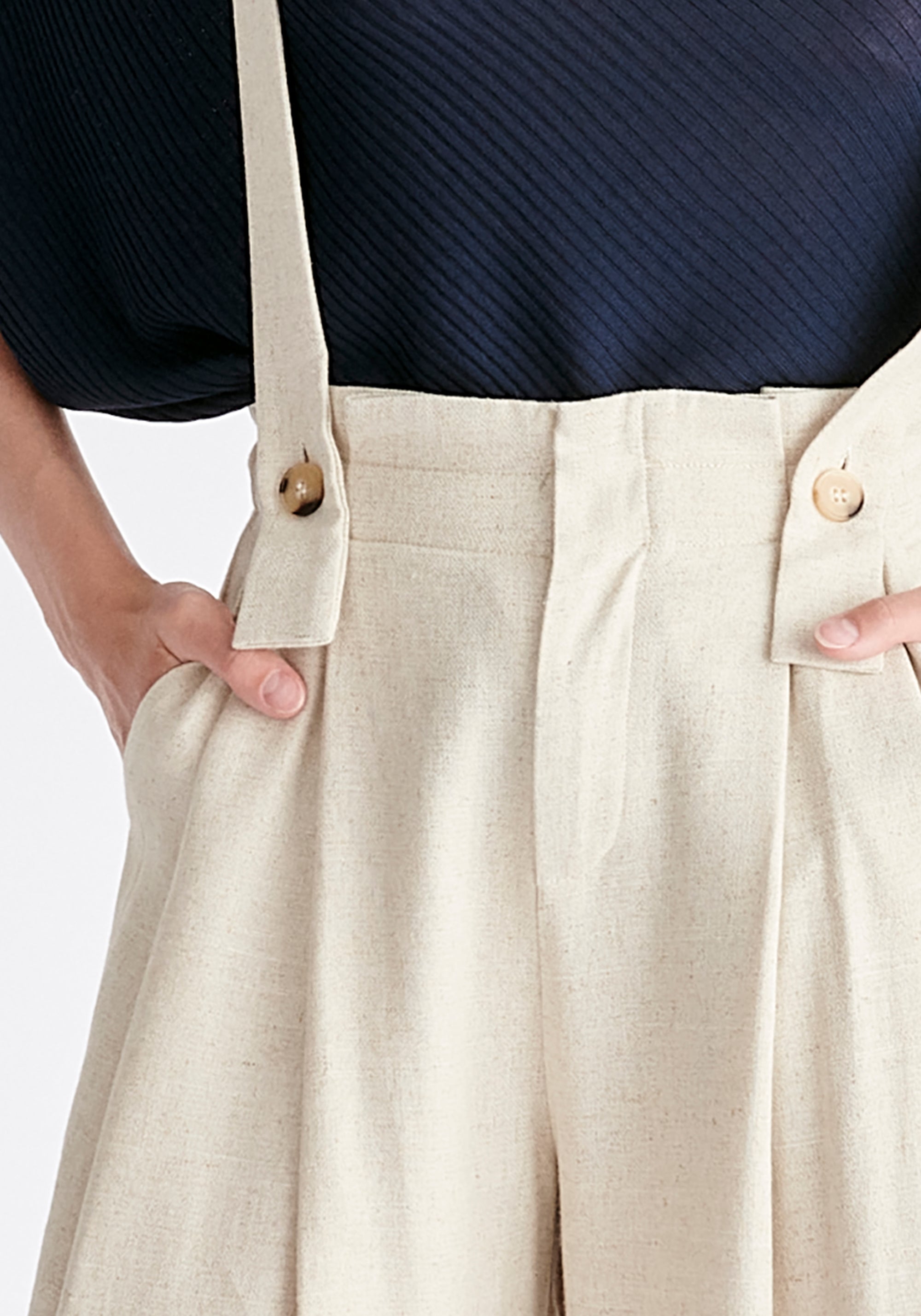 Linen Blend Detachable Suspender Trousers in Oatmeal Close Up