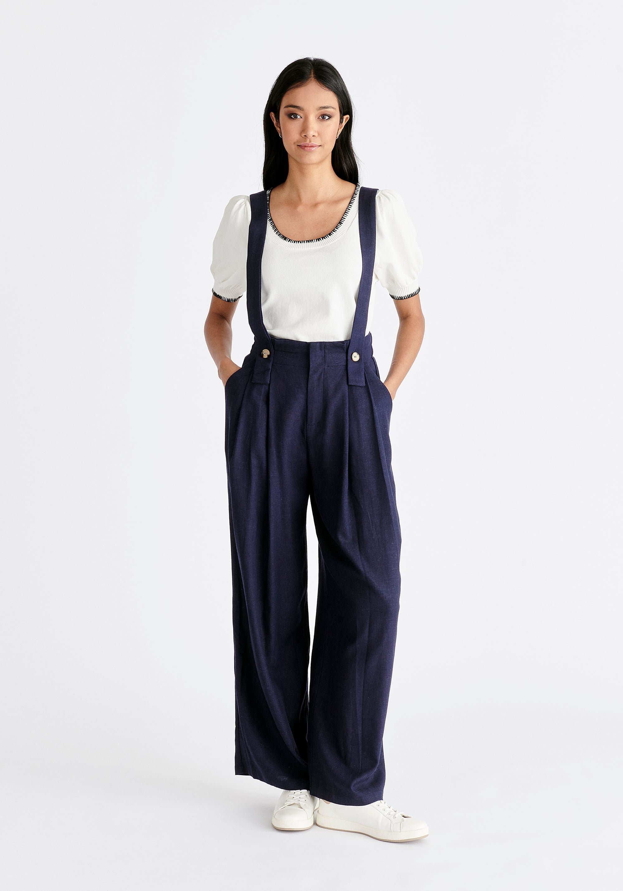 Linen Blend Detachable Suspender Trousers in Navy