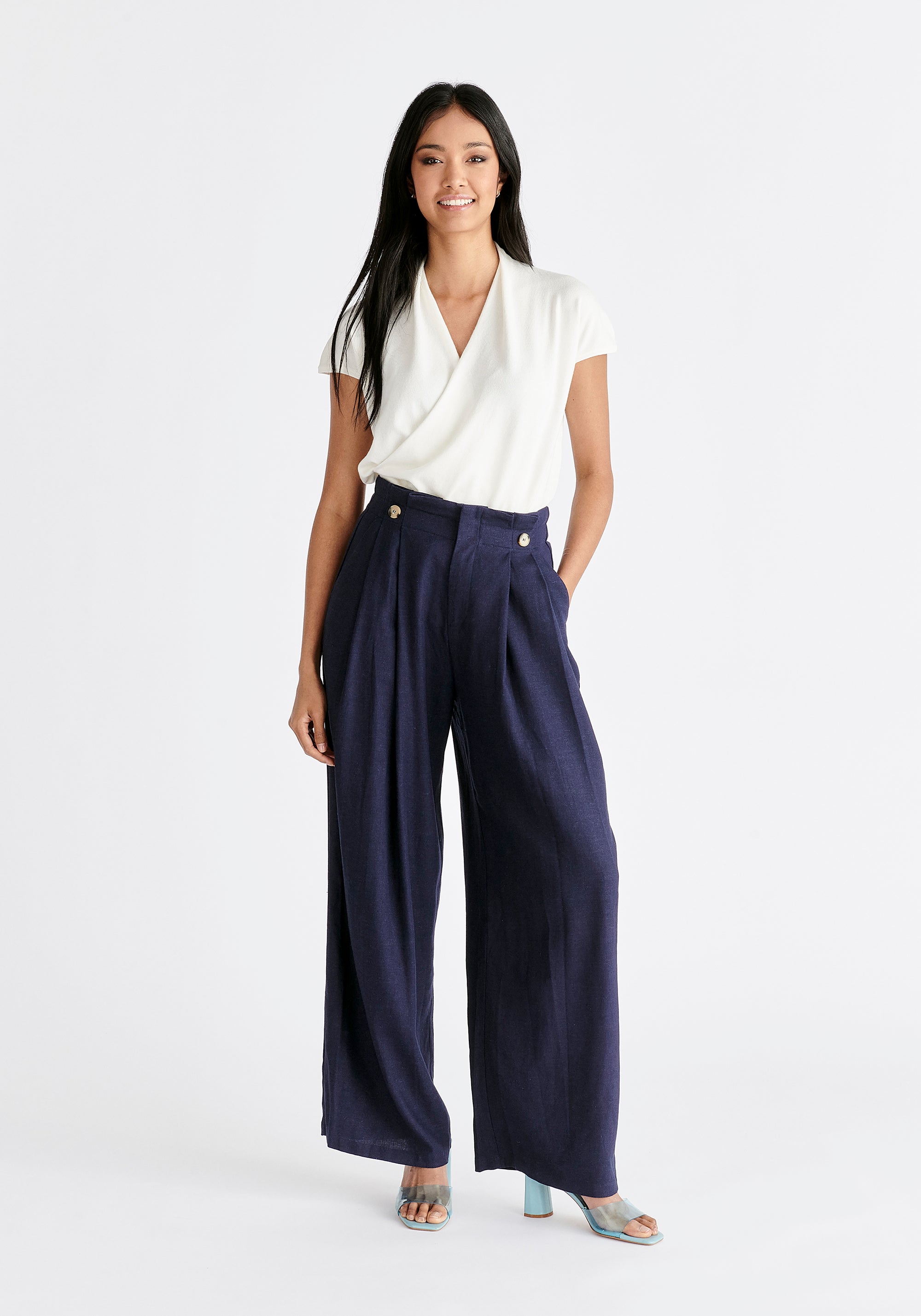 Linen Blend Detachable Suspender Trousers in Navy