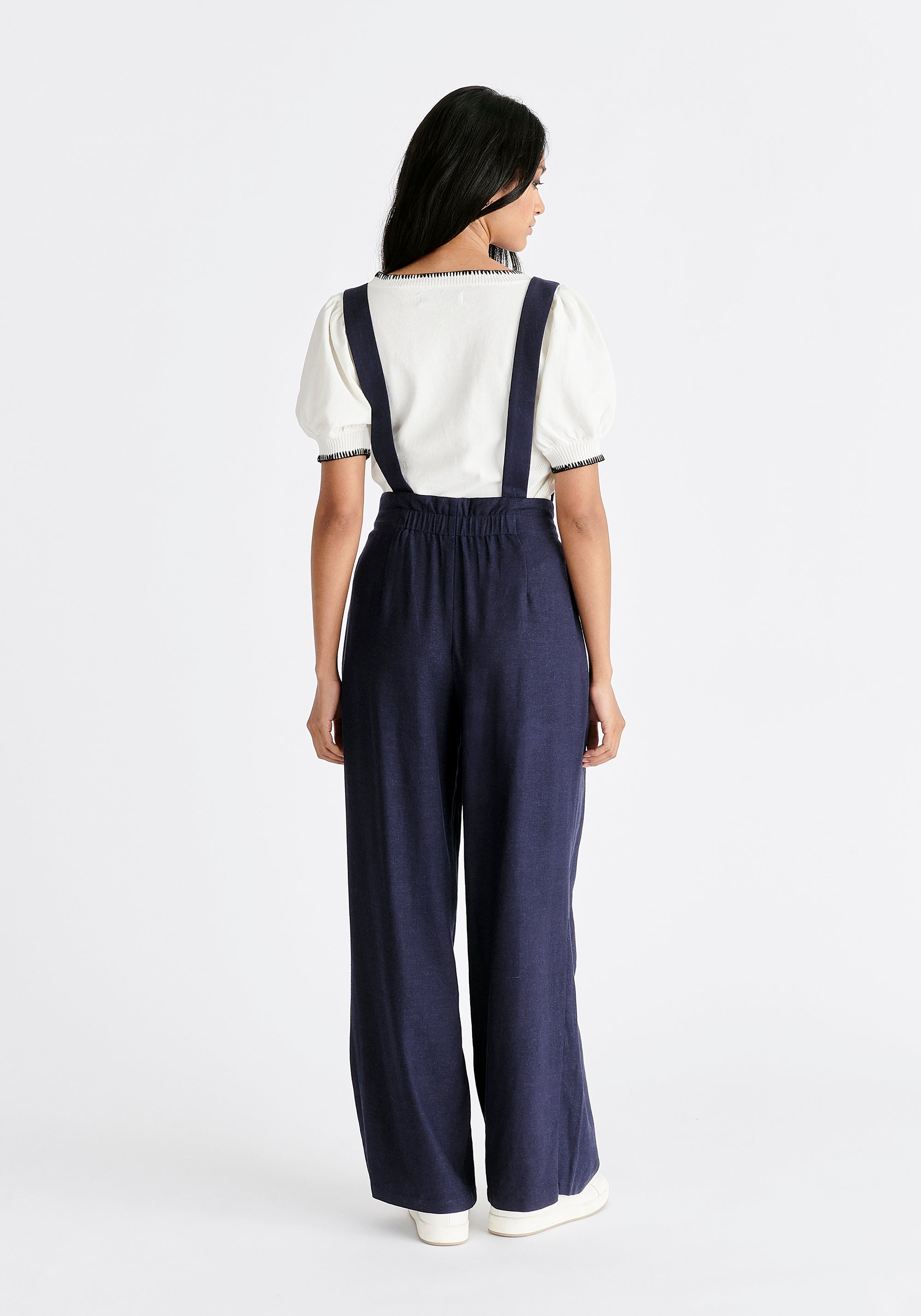 Linen Blend Detachable Suspender Trousers in Navy Back