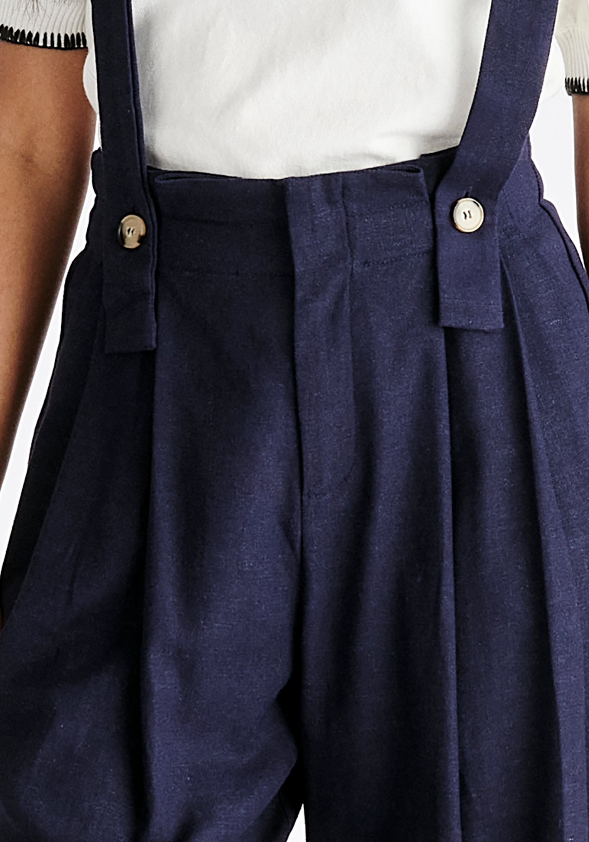 Linen Blend Detachable Suspender Trousers in Navy Close Up