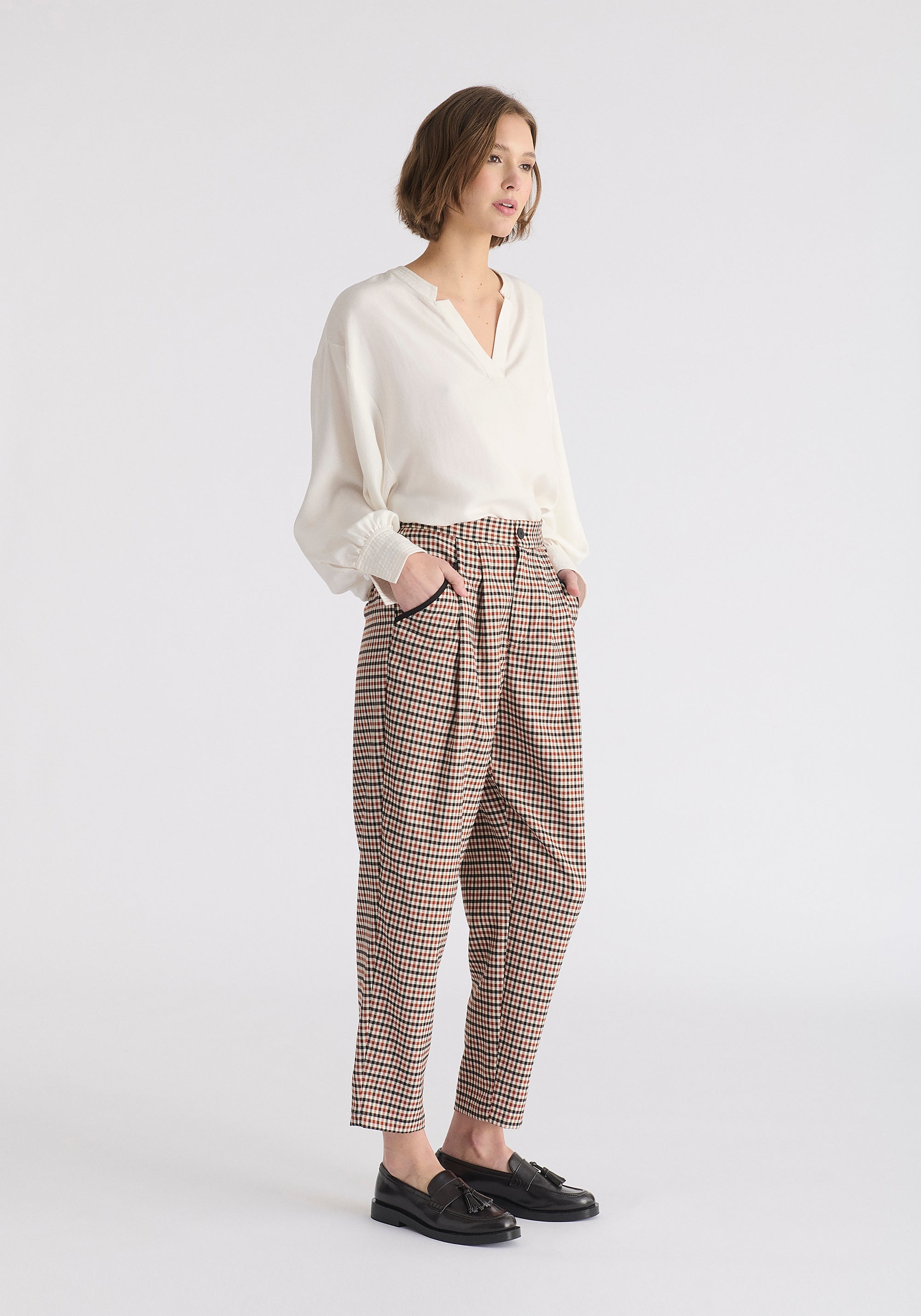 Check Trousers with Piping Details in Red, White and Black Side