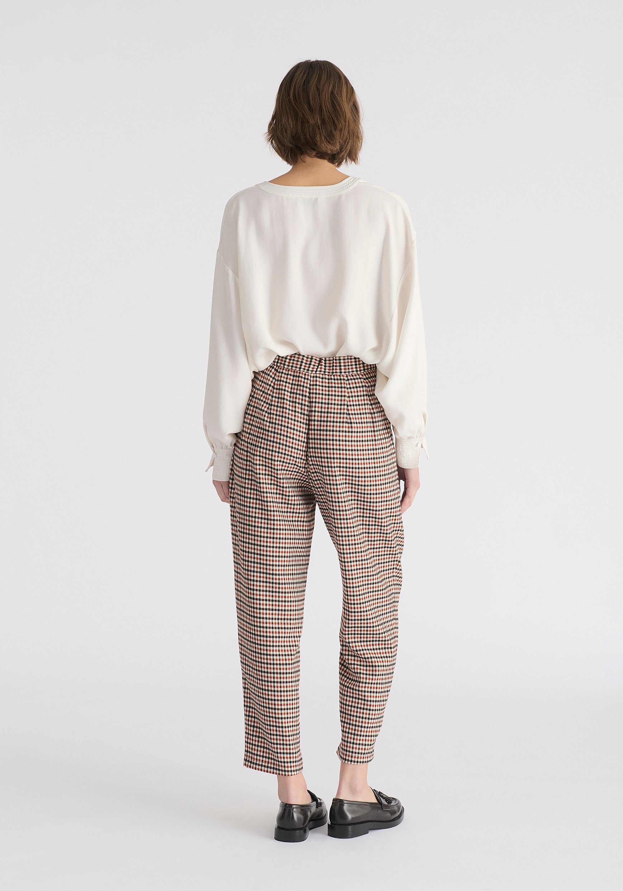 Check Trousers with Piping Details in Red, White and Black Back