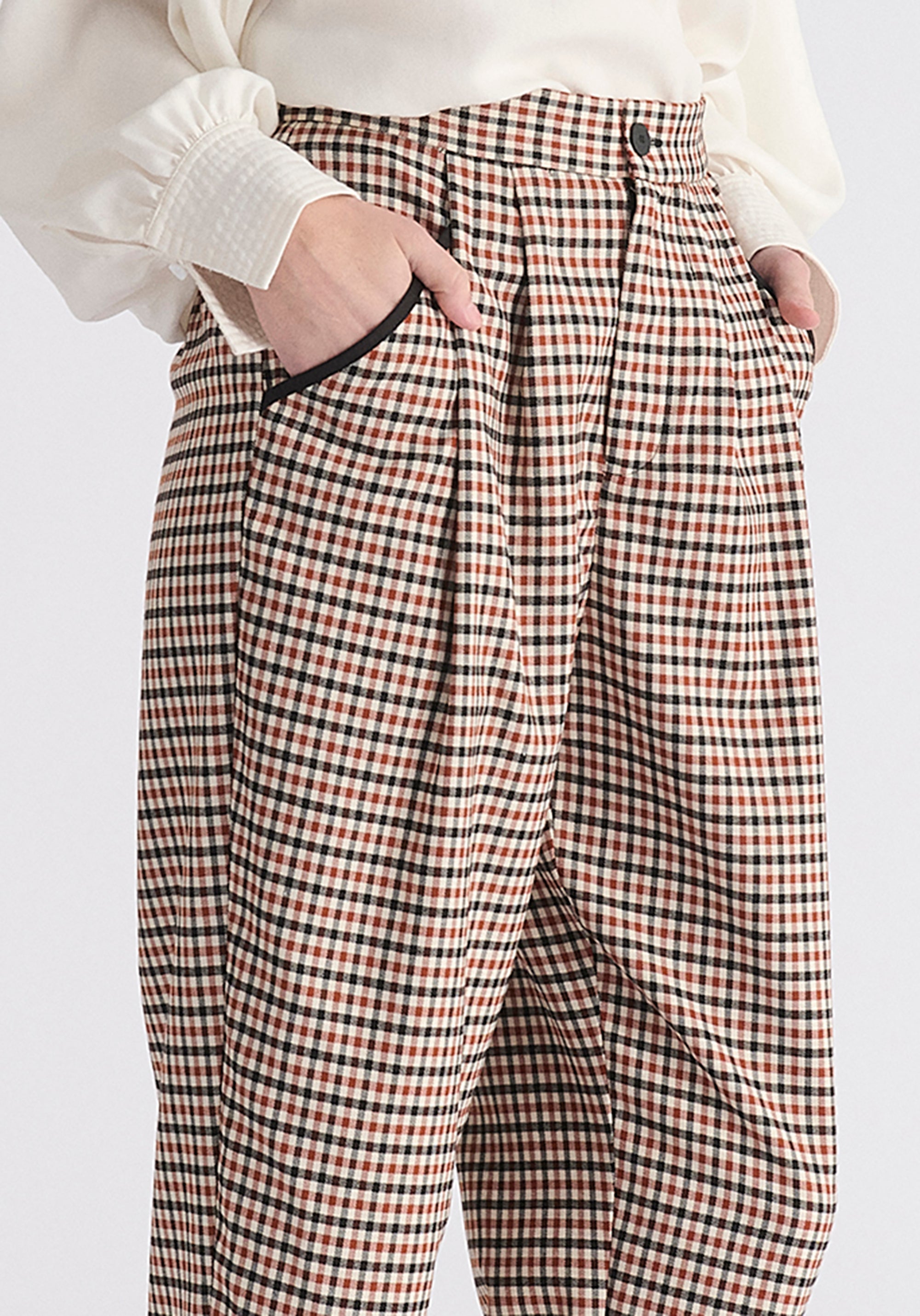 Check Trousers with Piping Details in Red, White and Black Close Up