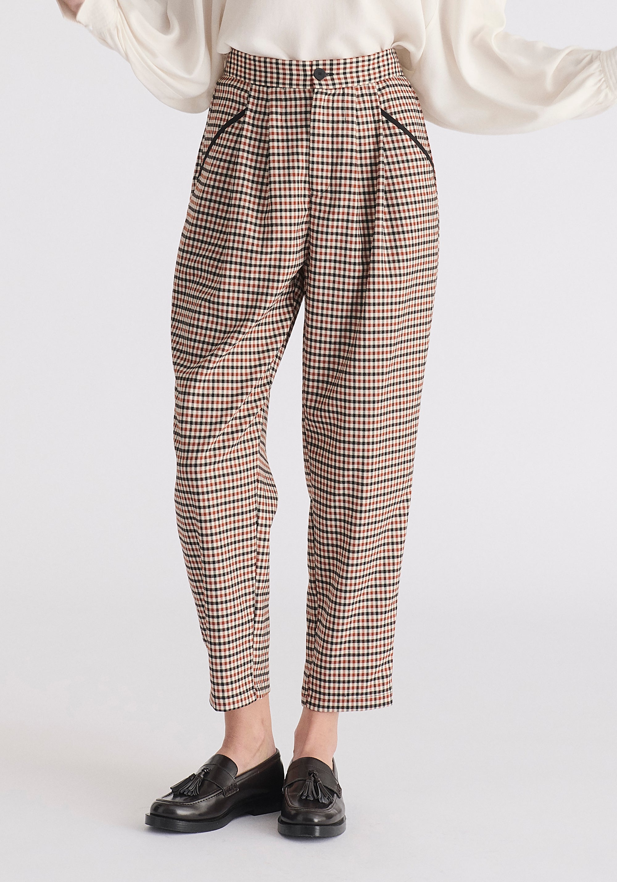 Check Trousers with Piping Details in Red, White and Black