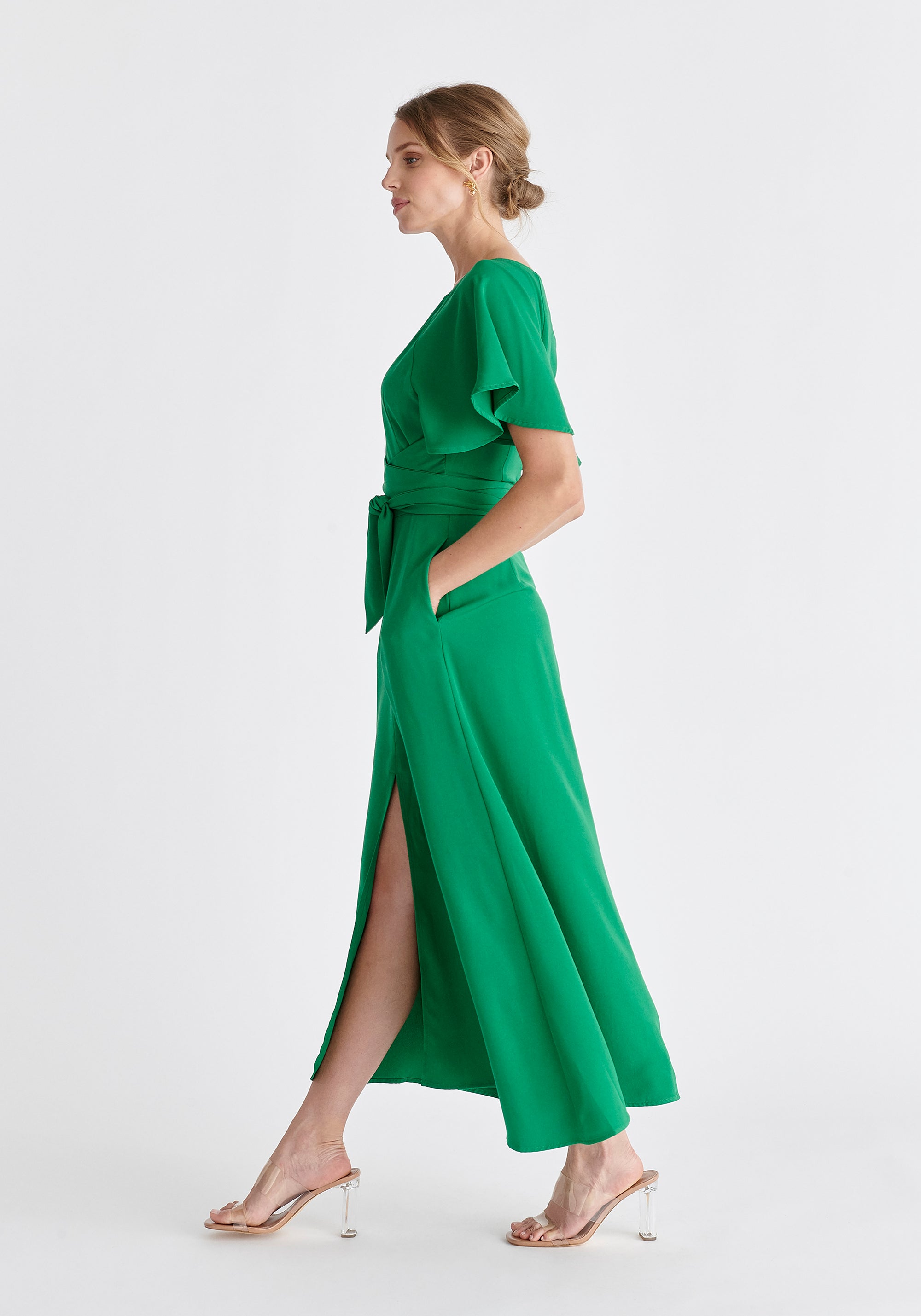 Maxi Waist Tie Dress in Green Side