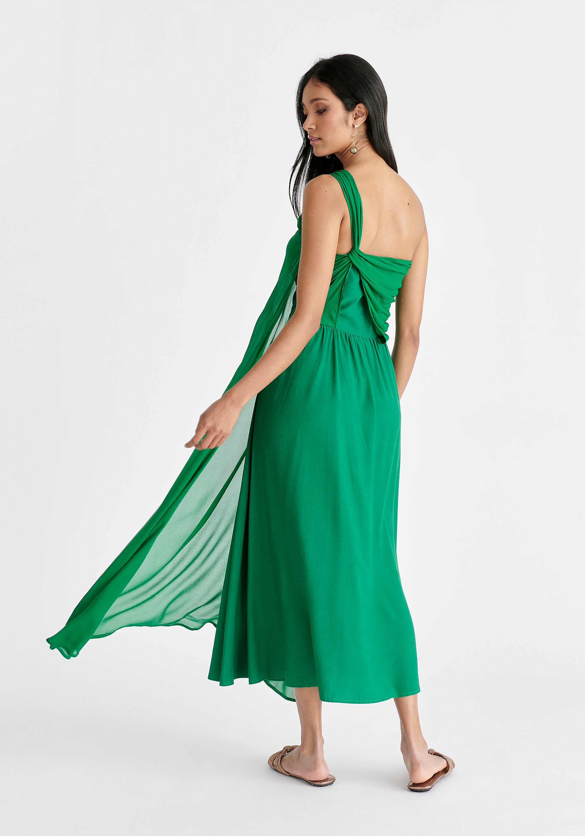 One Shoulder Flowy Dress in Green Back