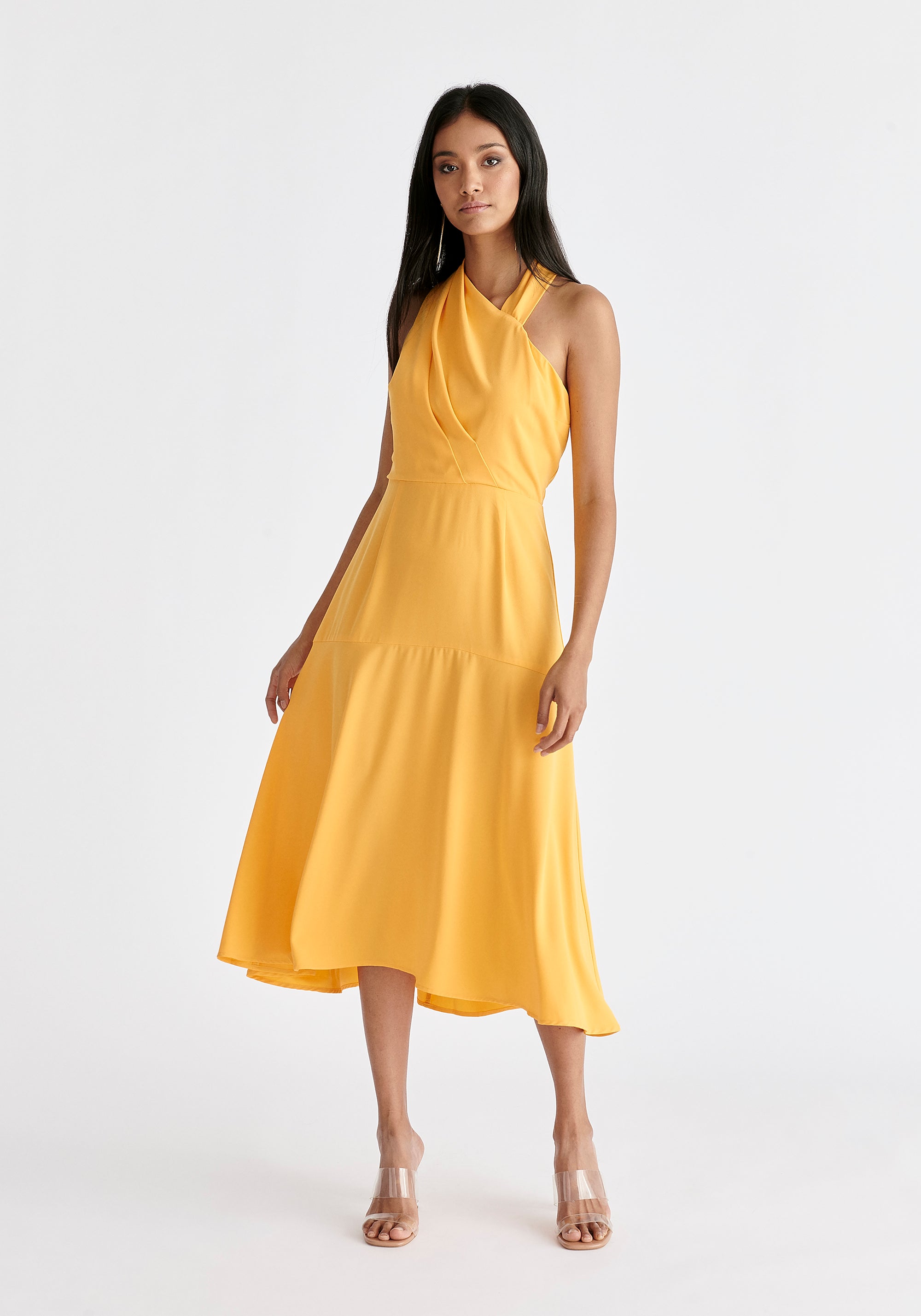 Asymmetric Neck Midi Dress in Yellow