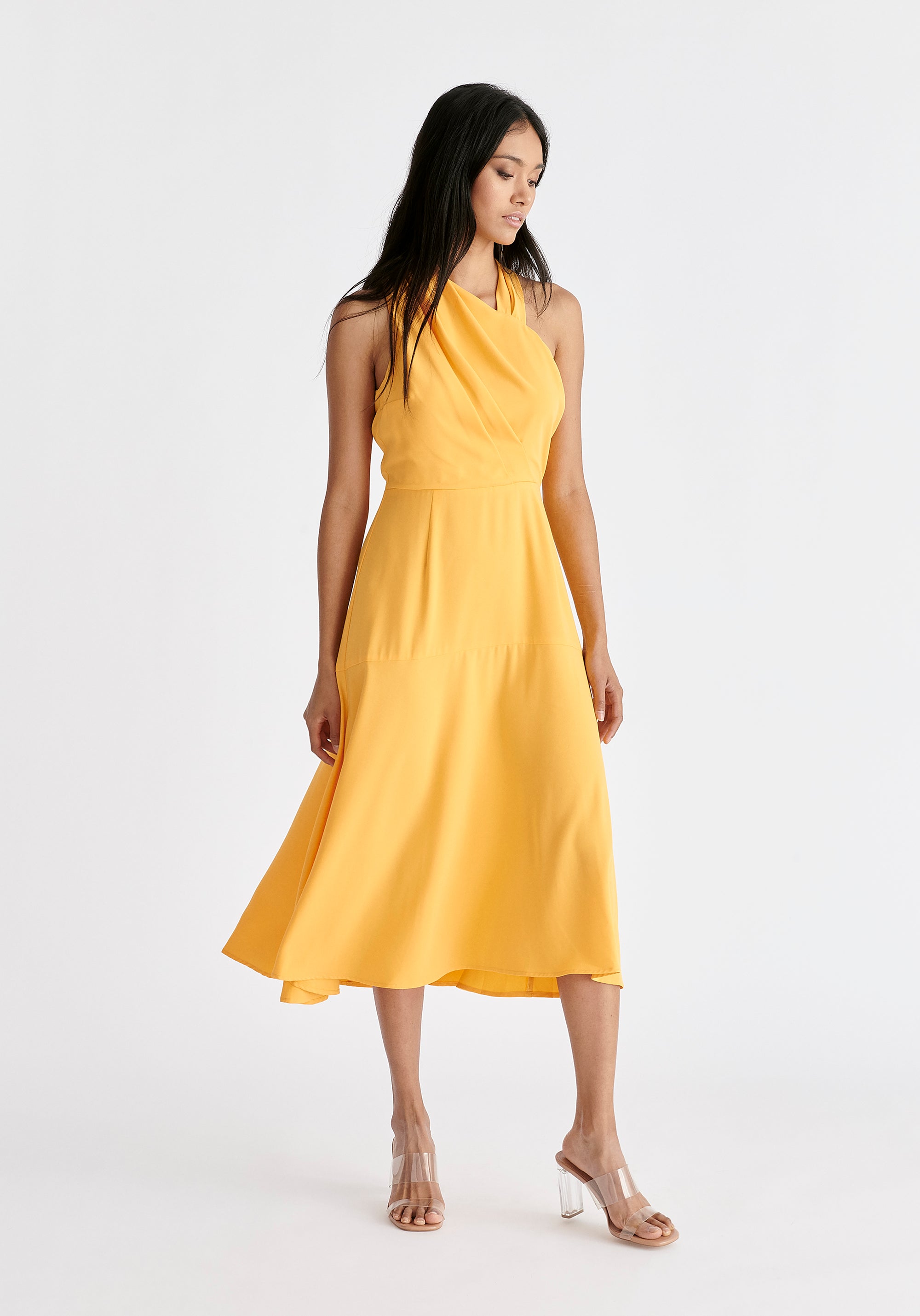 Asymmetric Neck Midi Dress in Yellow