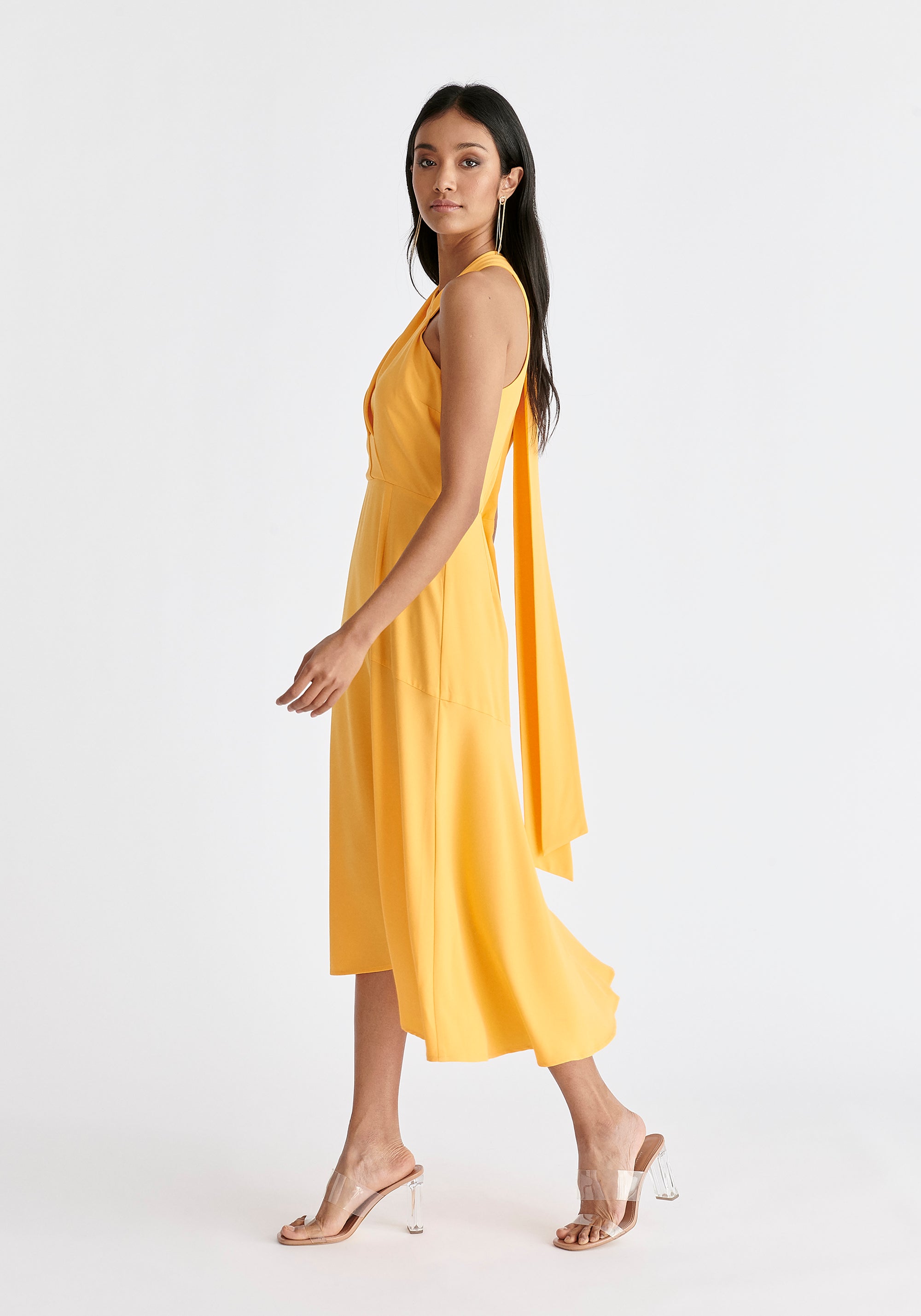 Asymmetric Neck Midi Dress in Yellow Side