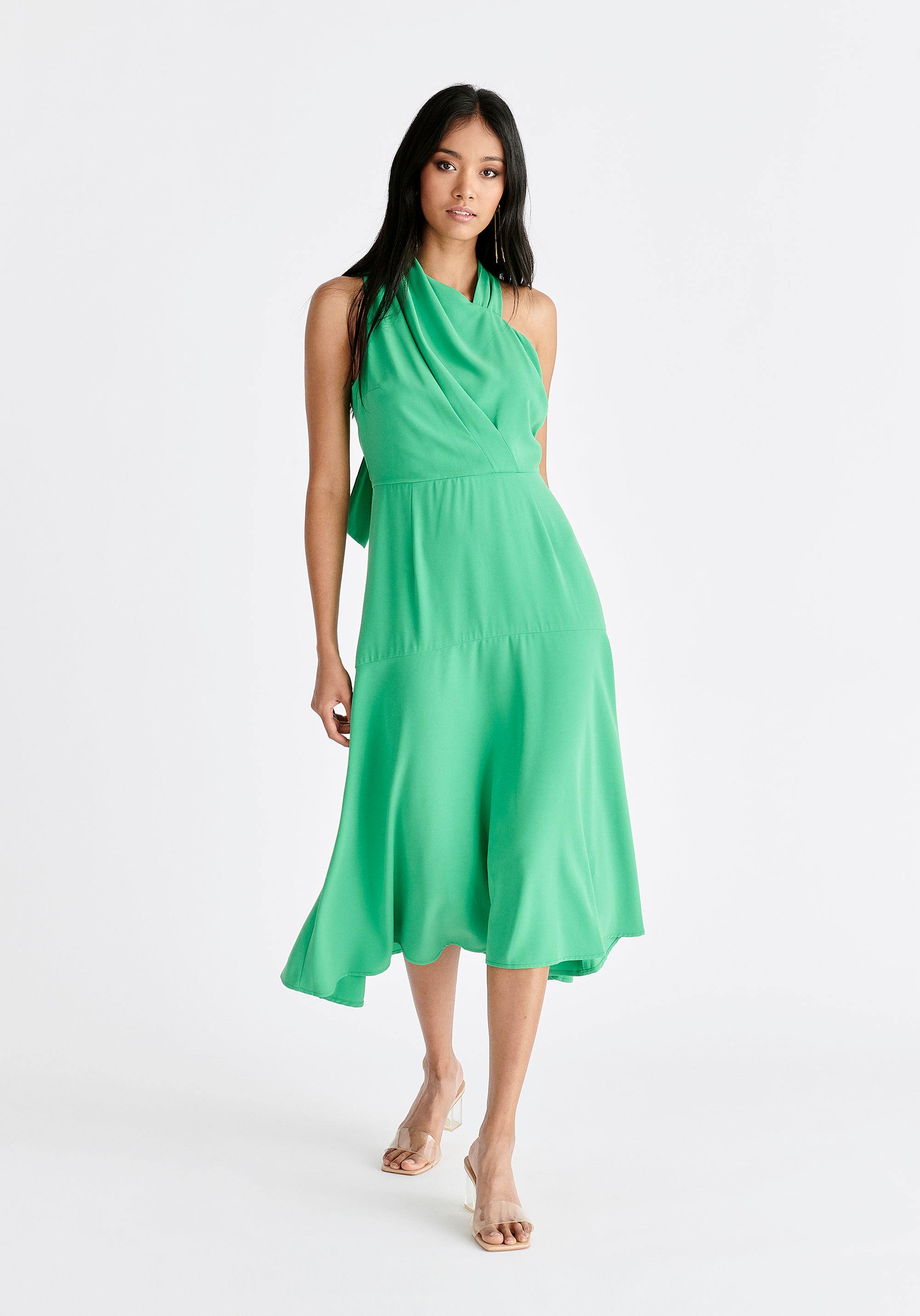 Asymmetric Neck Midi Dress in Green