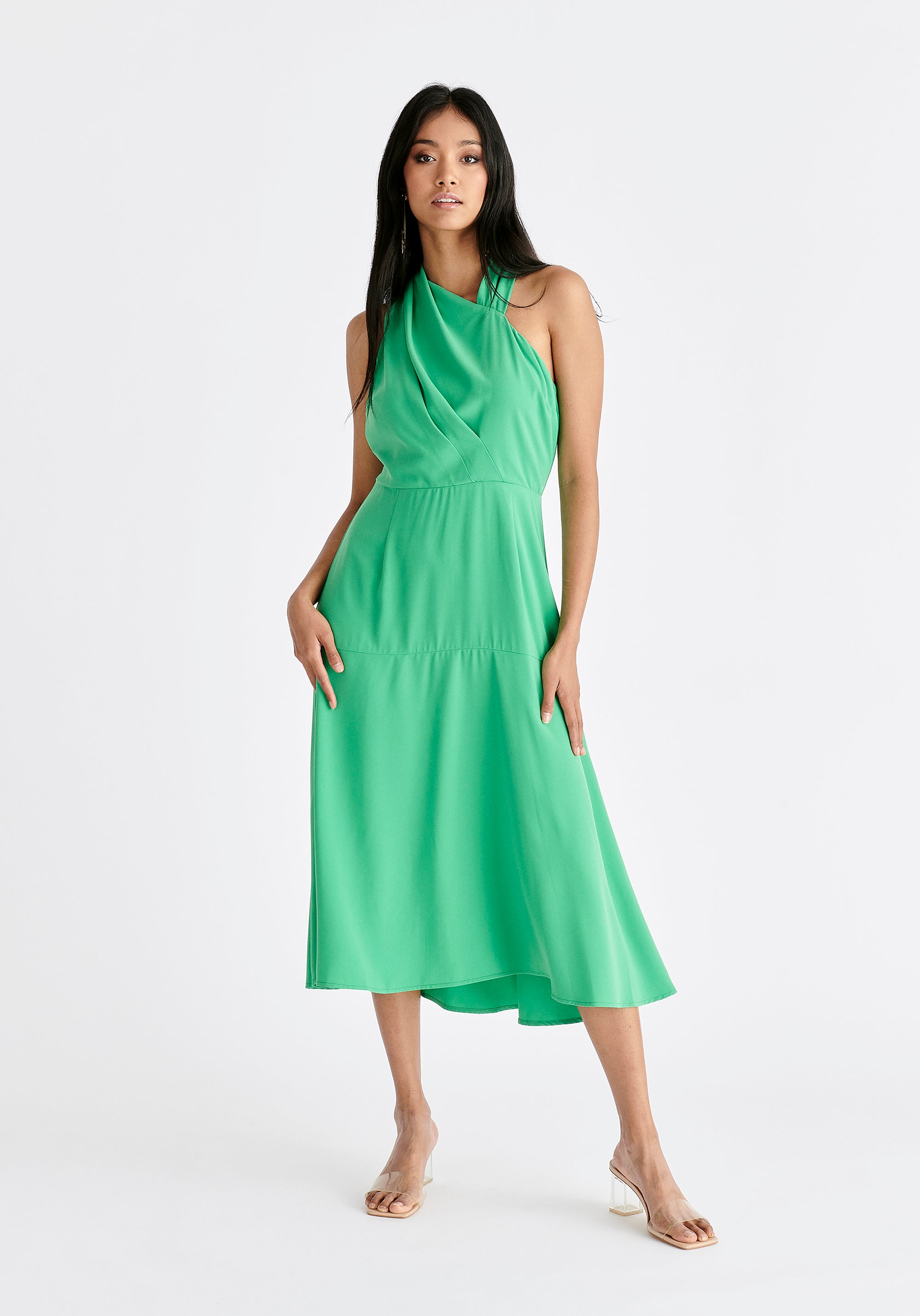 Asymmetric Neck Midi Dress in Green