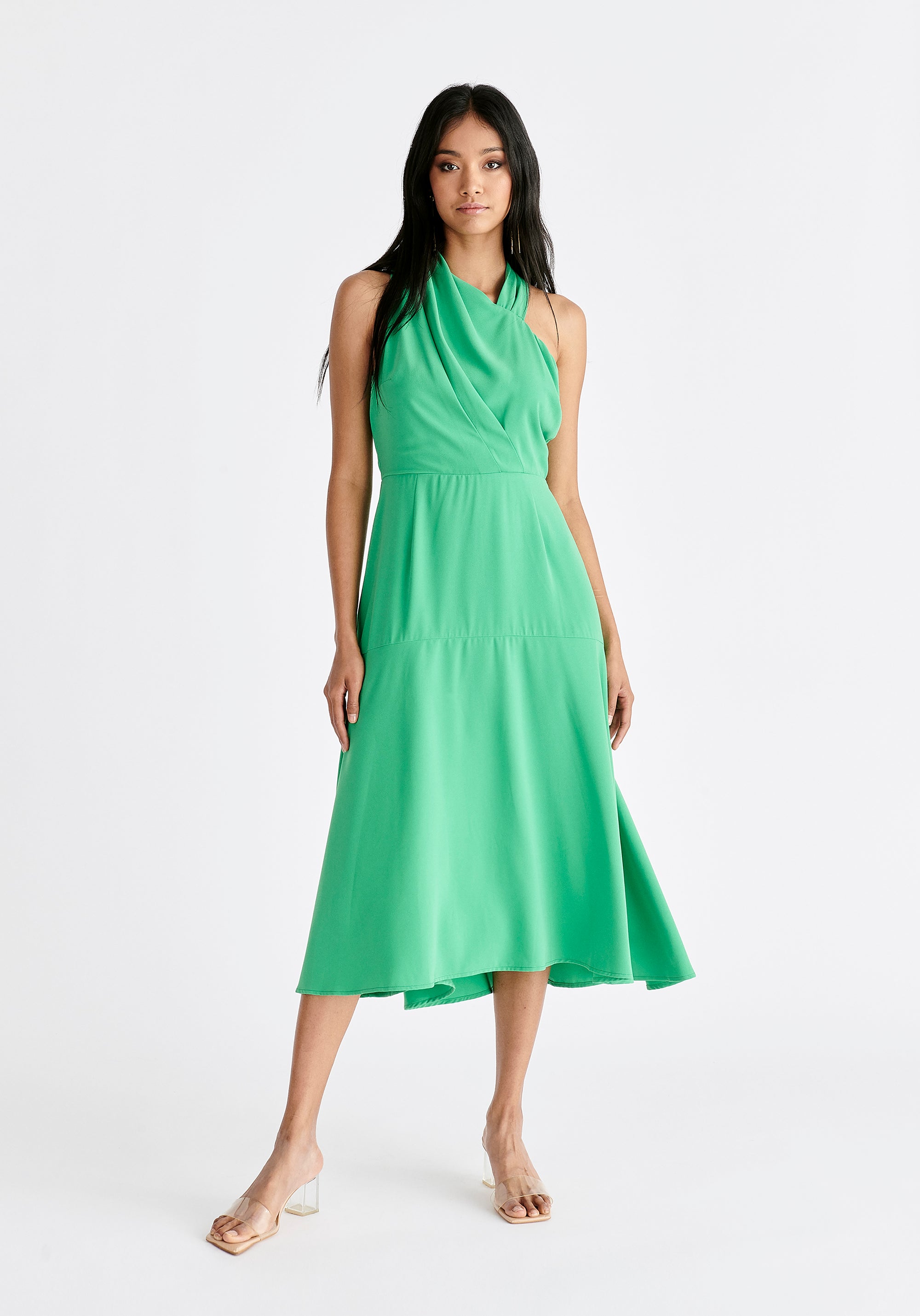 Asymmetric Neck Midi Dress in Green