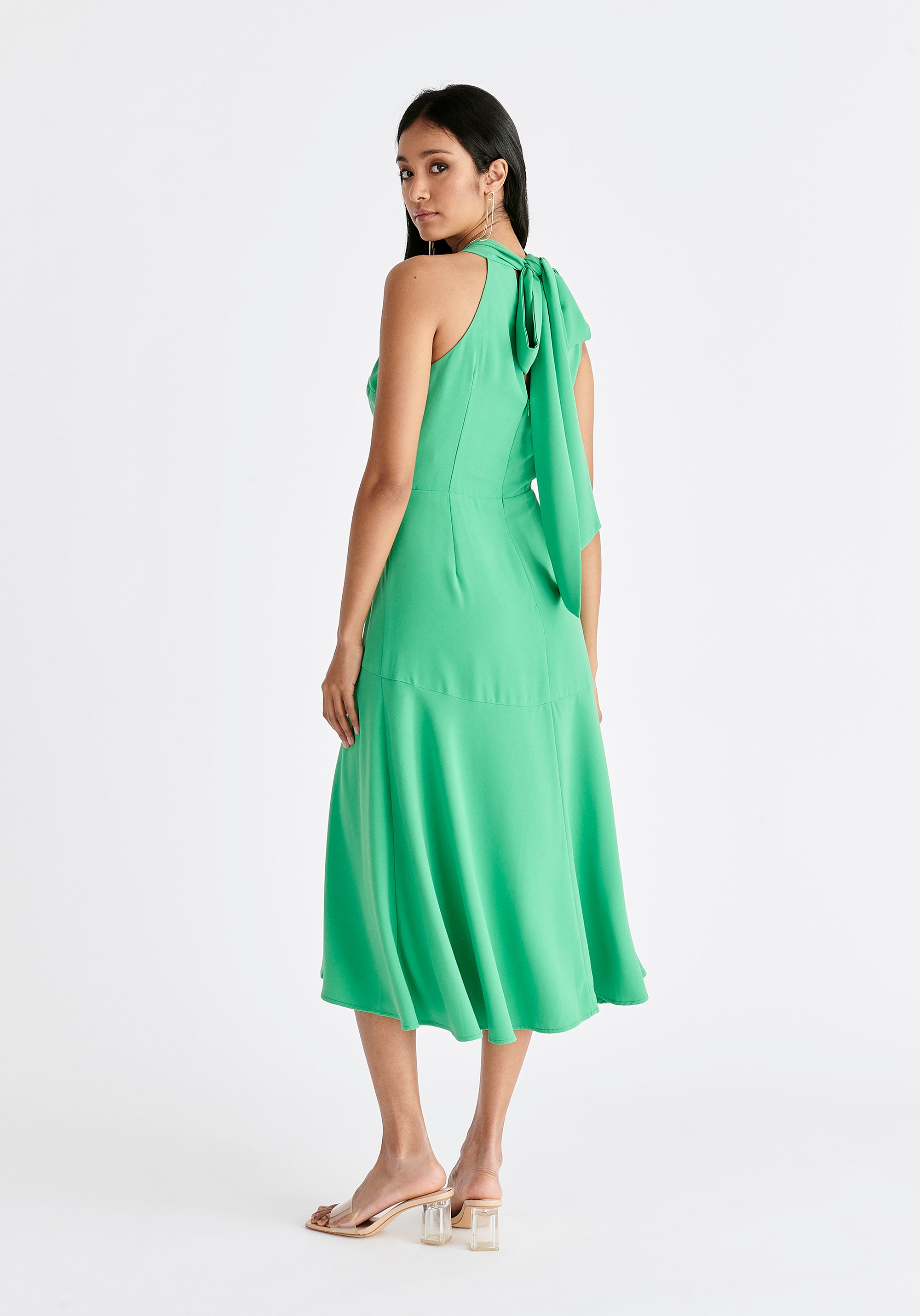 Asymmetric Neck Midi Dress in Green Back