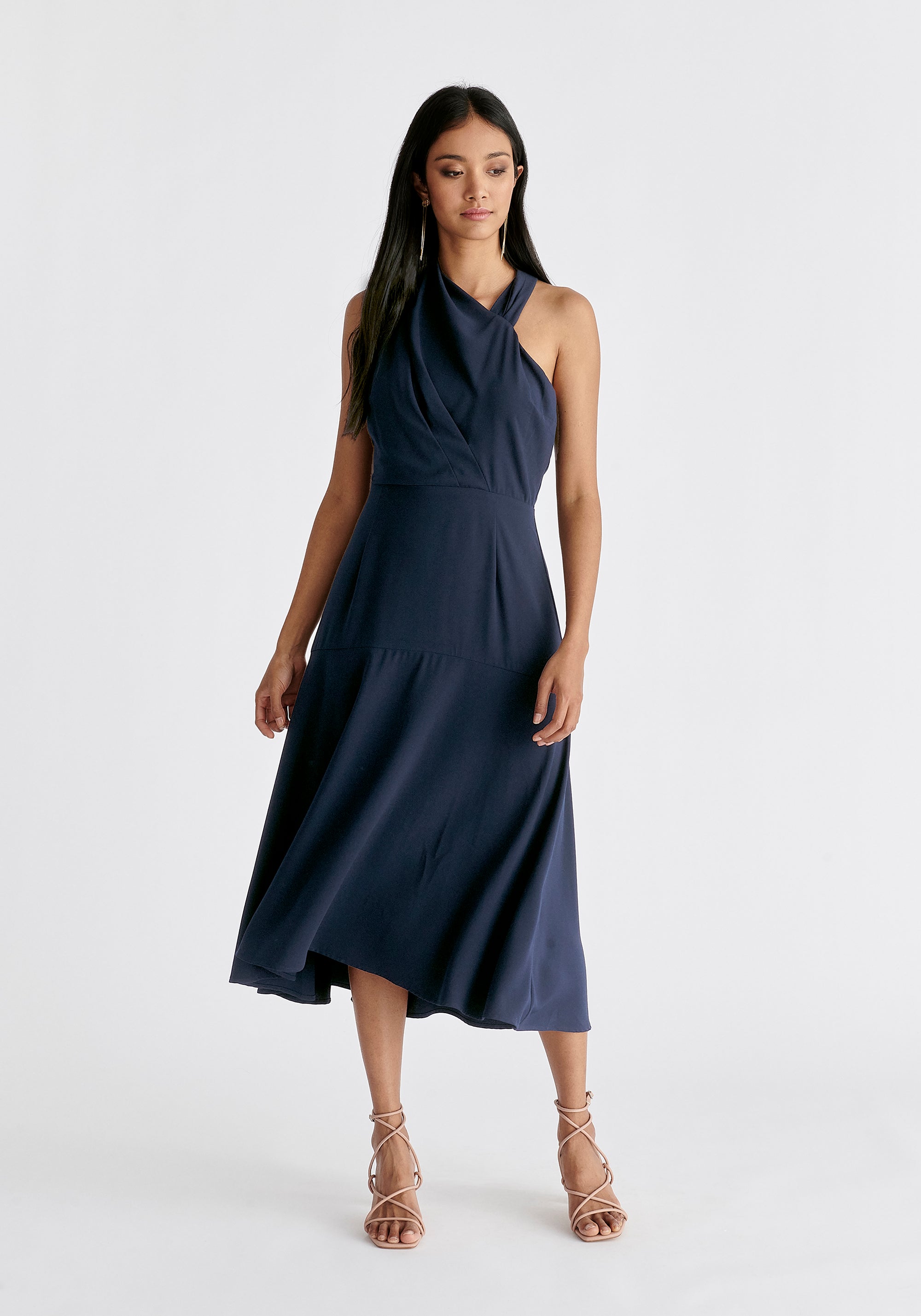 Asymmetric Neck Midi Dress in Navy