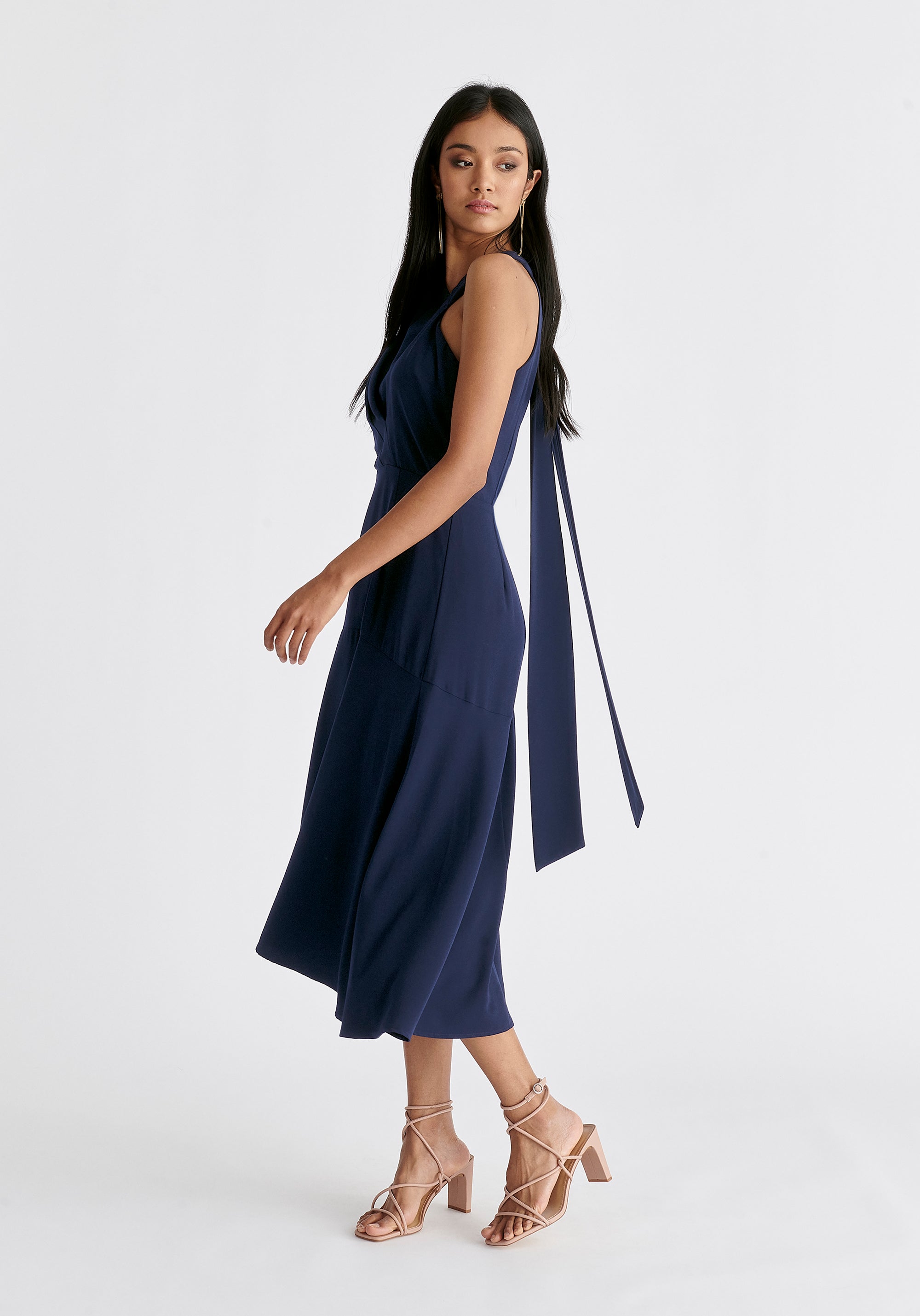 Asymmetric Neck Midi Dress in Navy Side