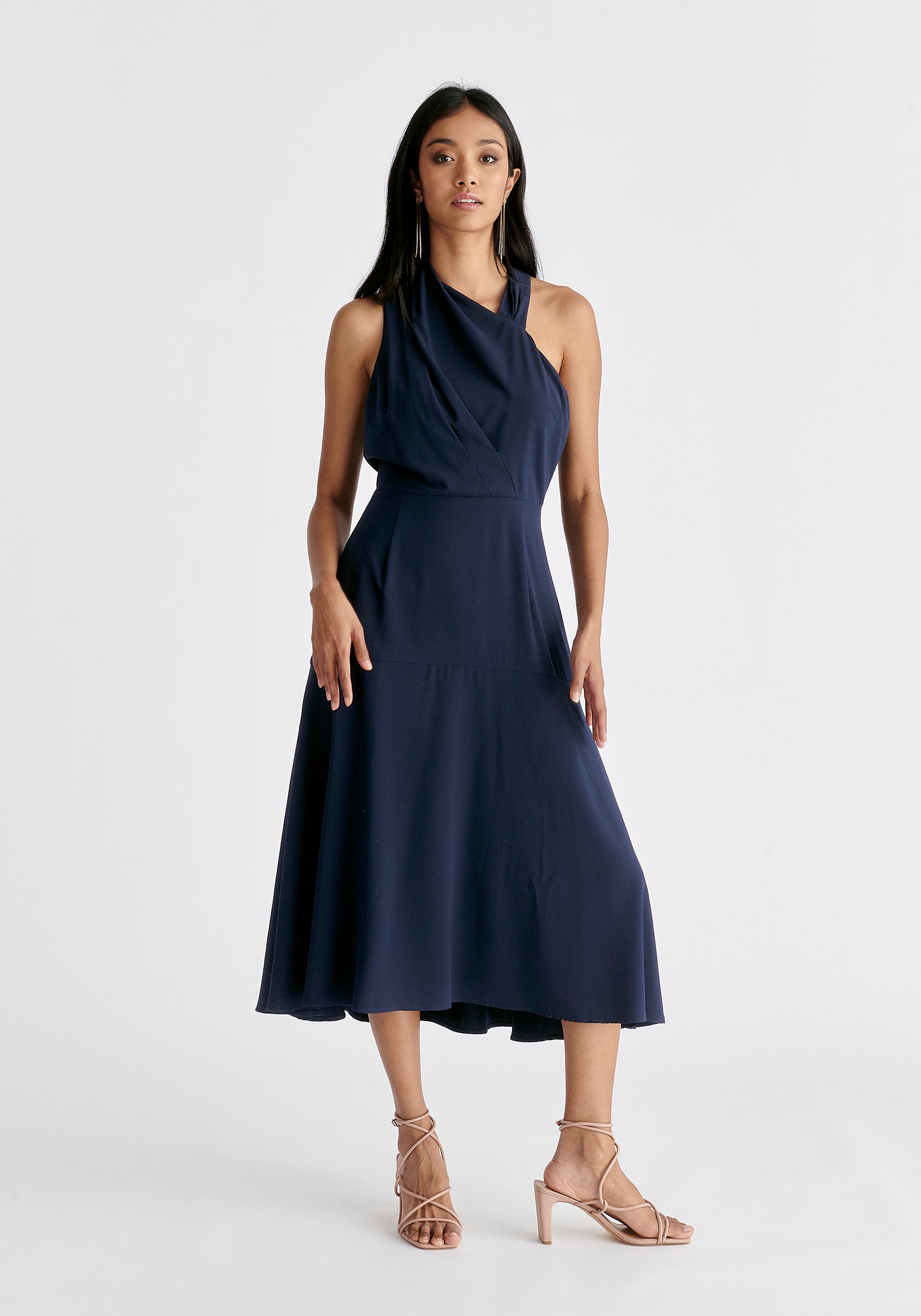 Asymmetric Neck Midi Dress in Navy