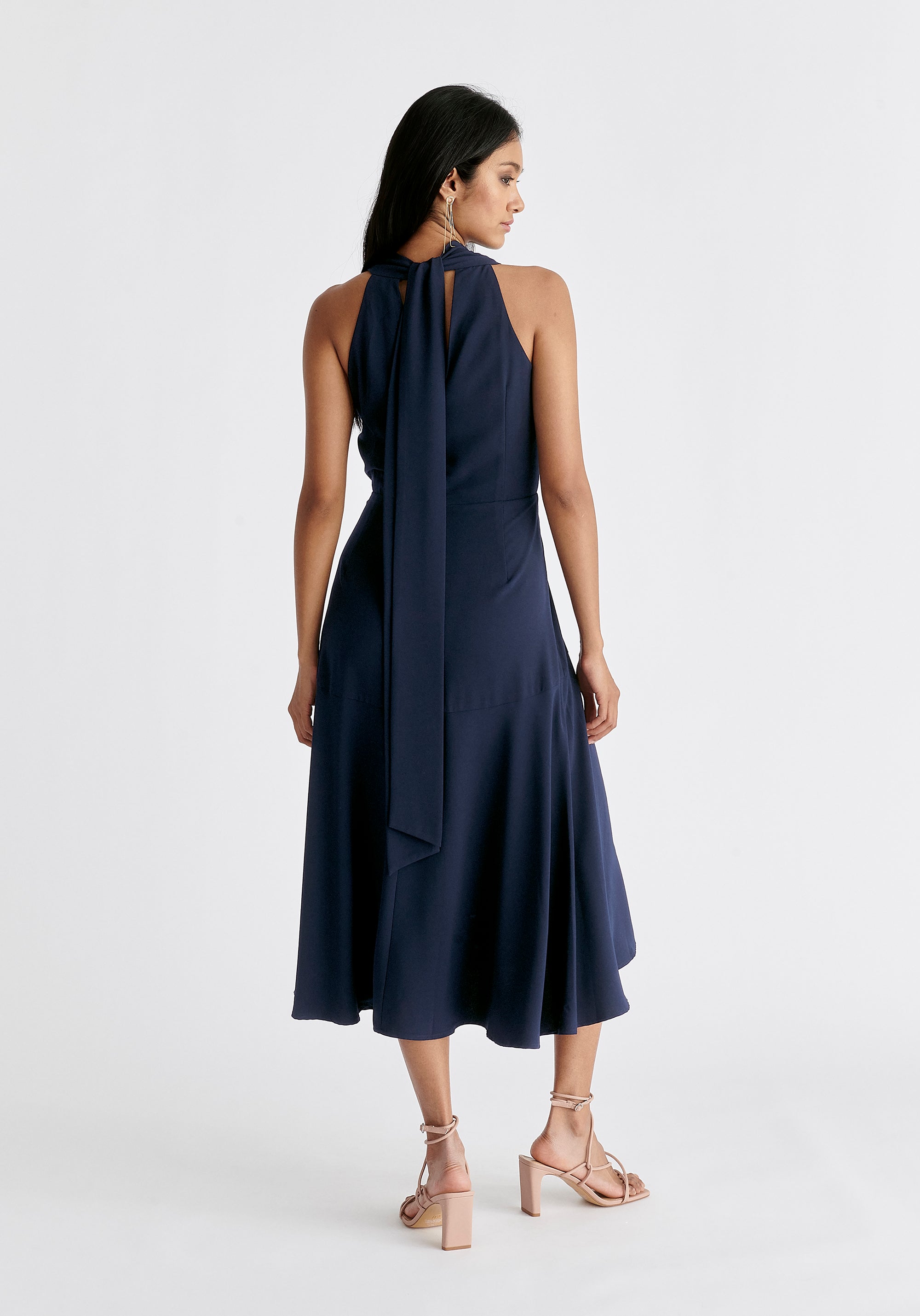 Asymmetric Neck Midi Dress in Navy Back