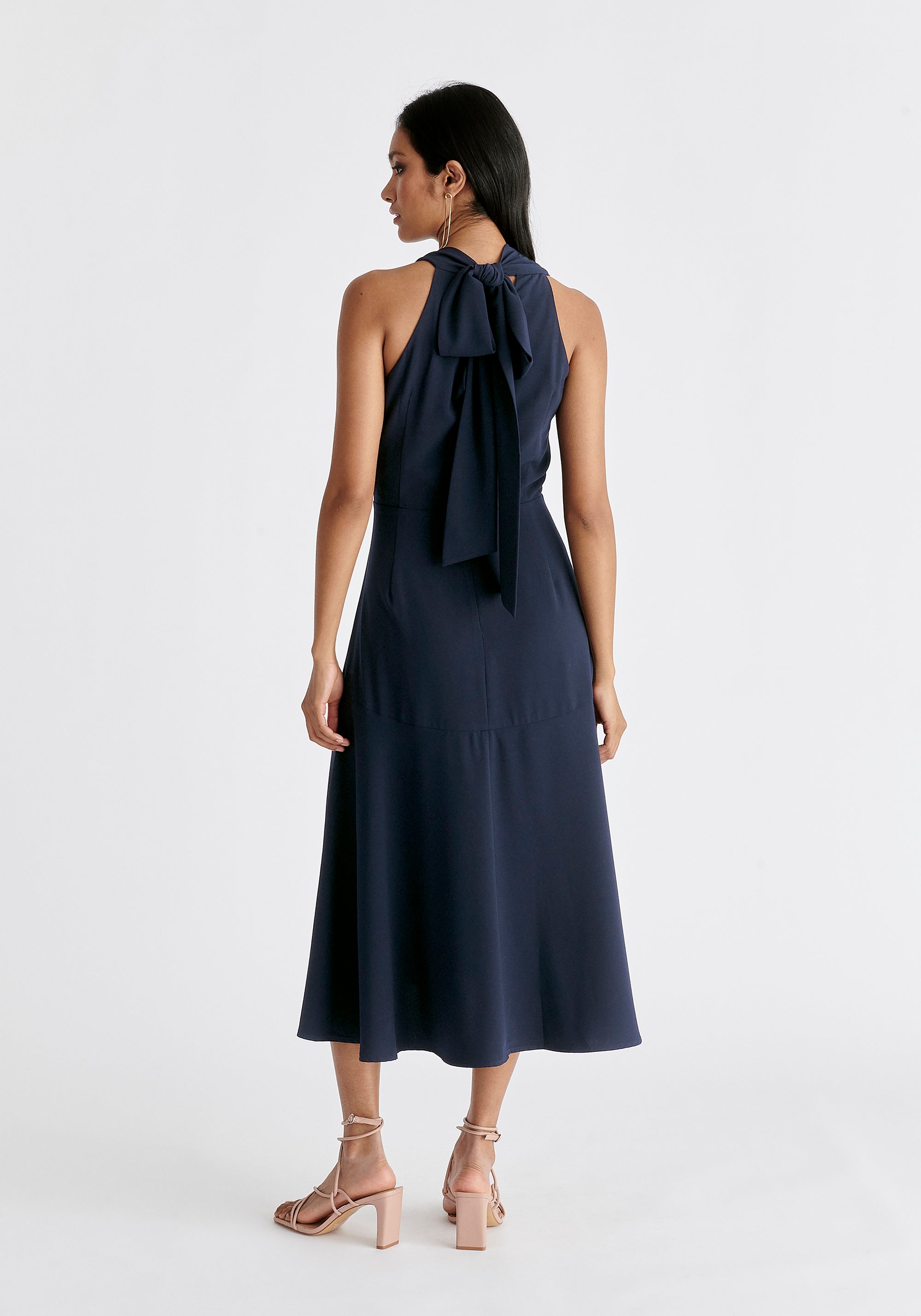 Asymmetric Neck Midi Dress in Navy Back