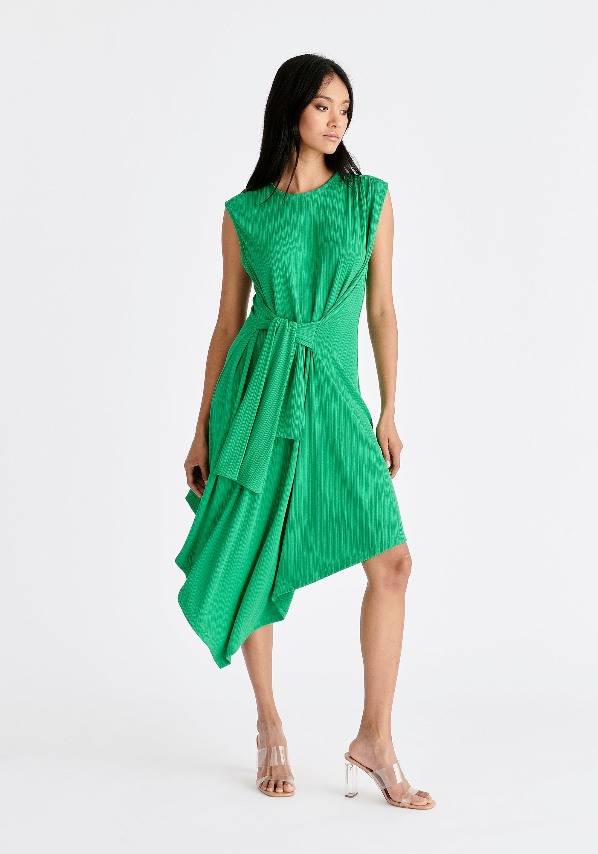 Ribbed Asymmetric Hem Dress in Green