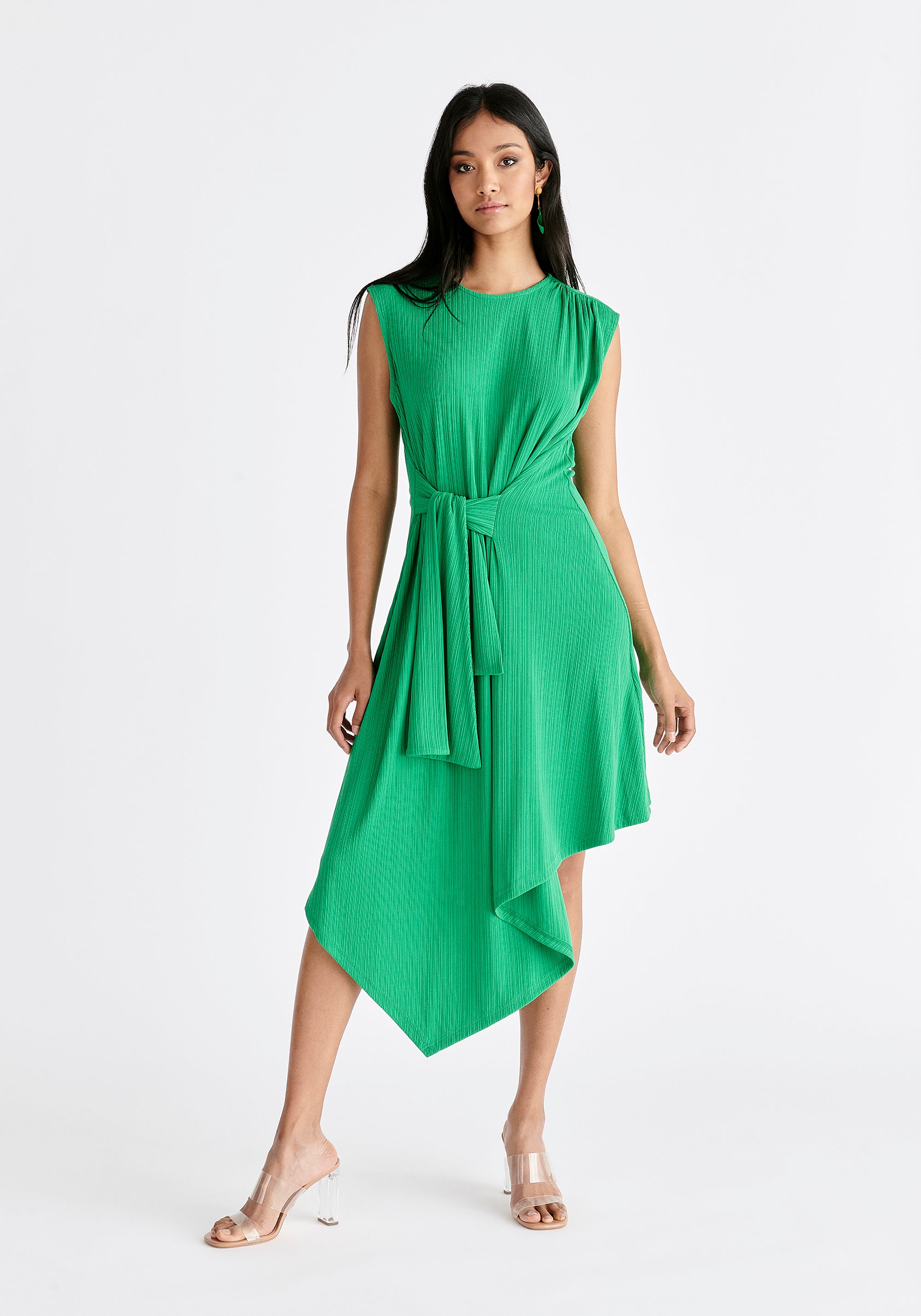 Ribbed Asymmetric Hem Dress in Green