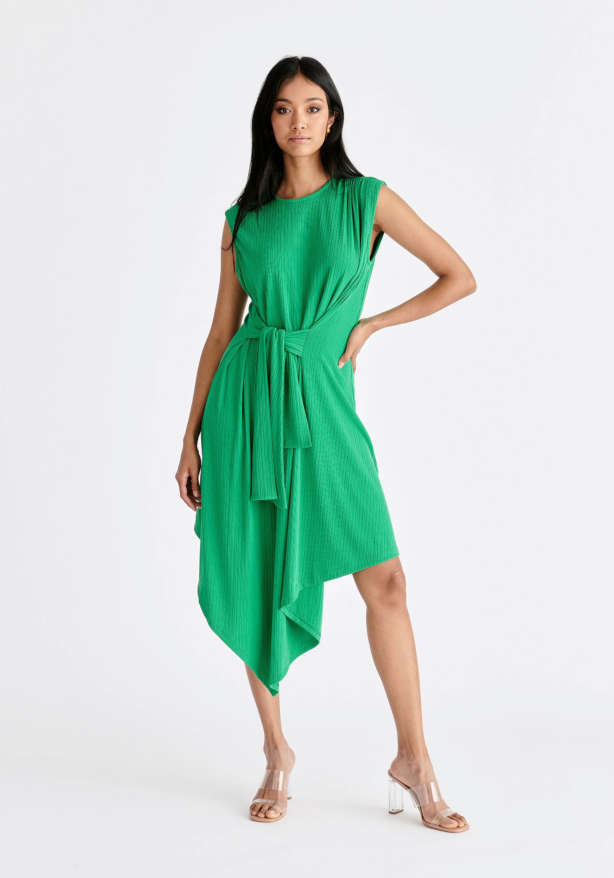 Ribbed Asymmetric Hem Dress in Green