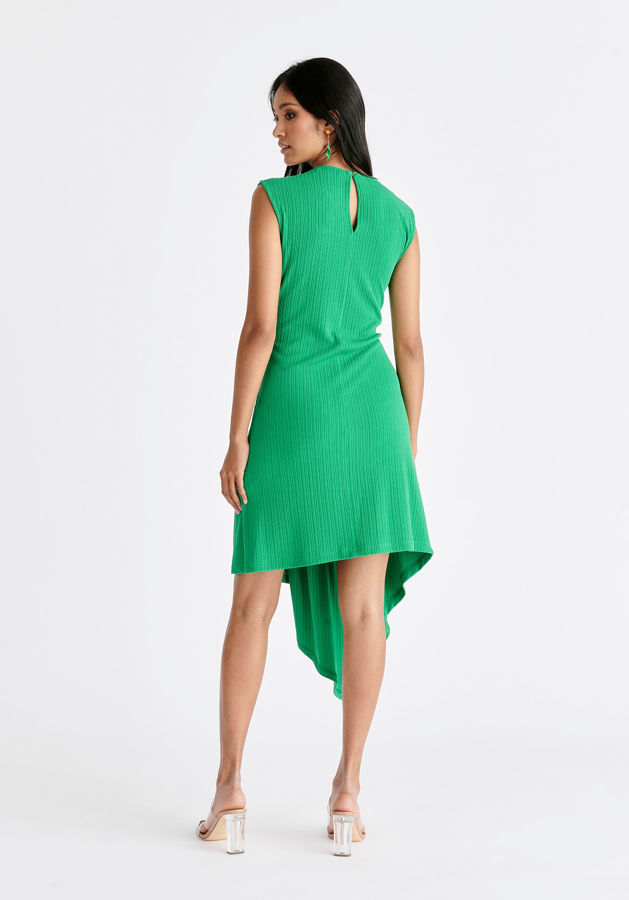 Ribbed Asymmetric Hem Dress in Green Back