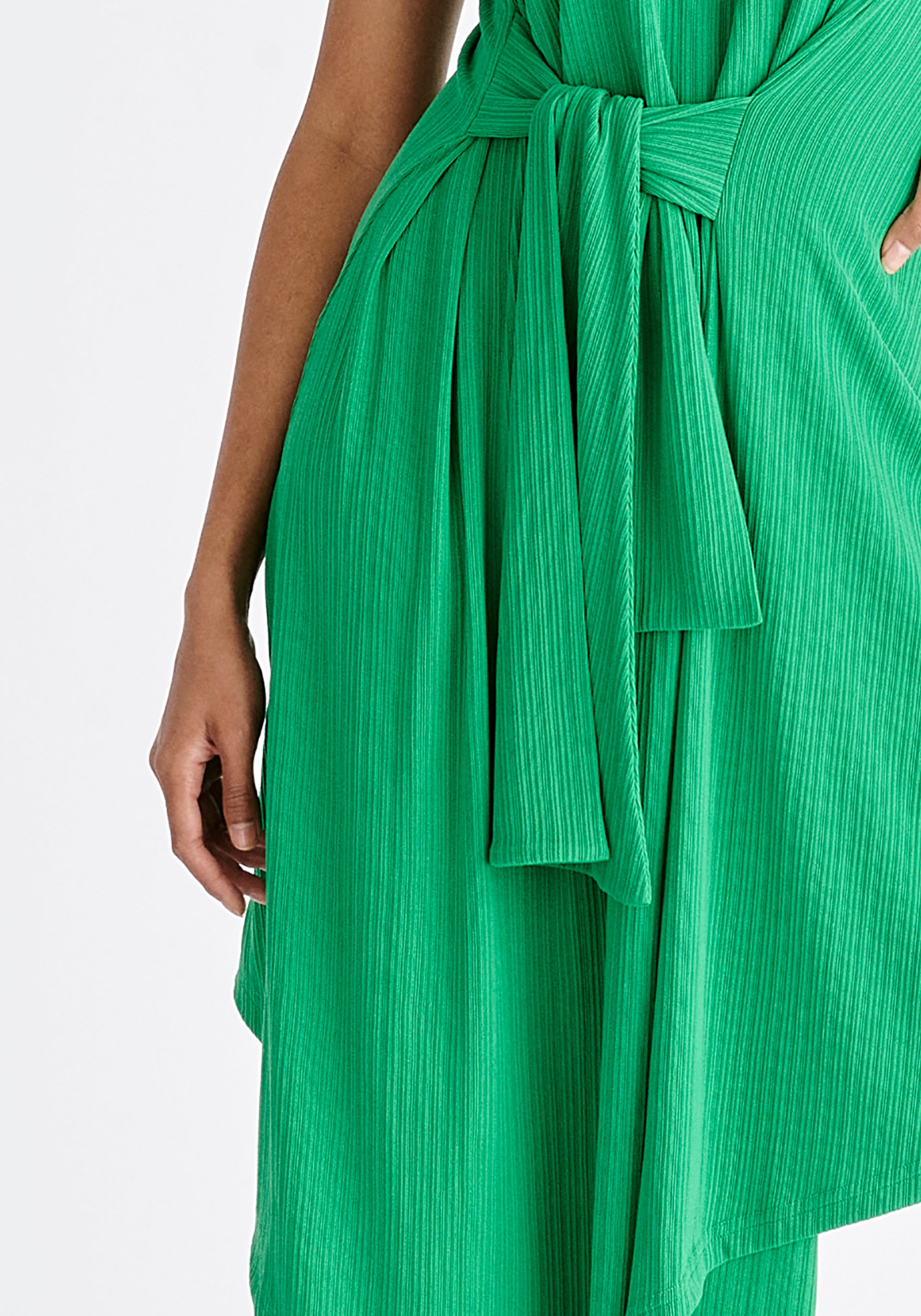 Ribbed Asymmetric Hem Dress in Green Close Up