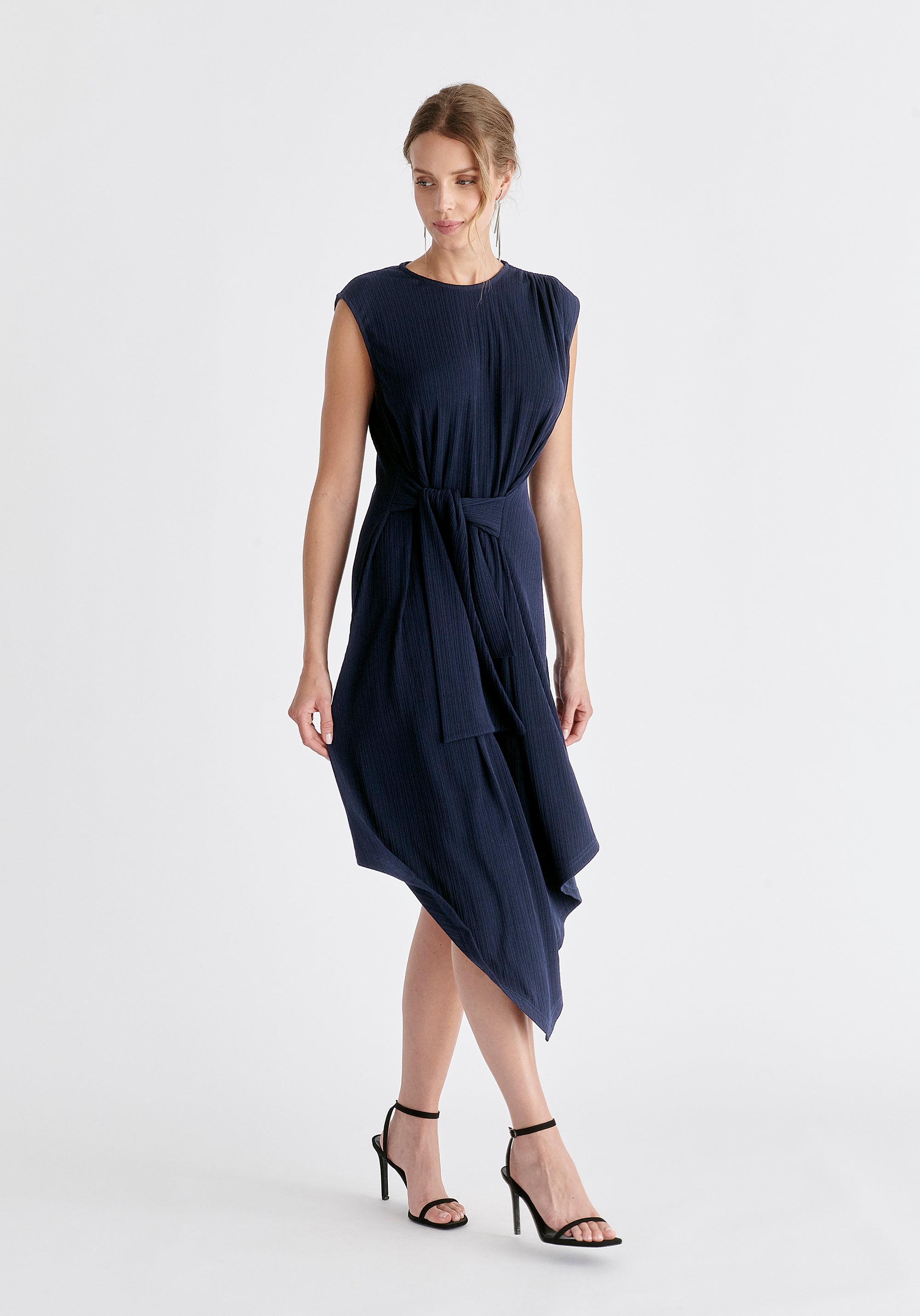 Ribbed Asymmetric Hem Dress in Navy