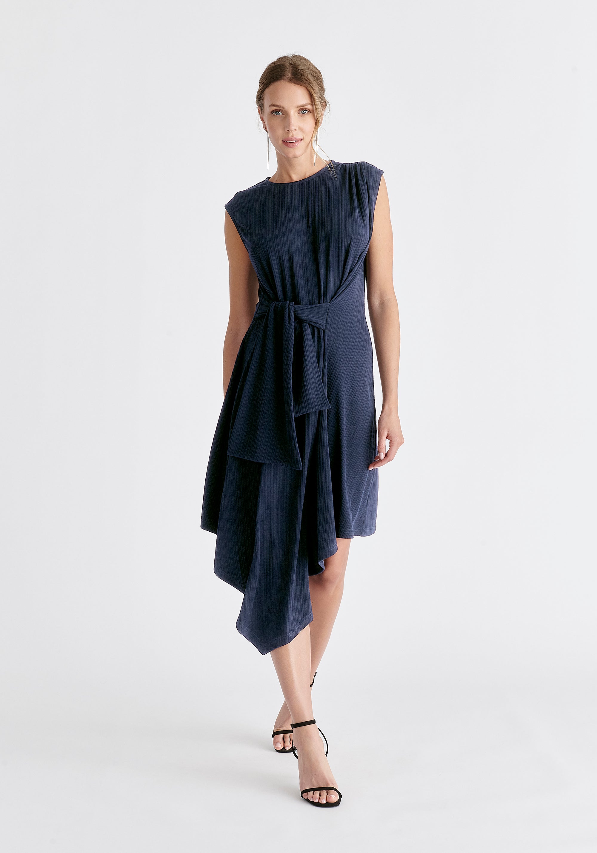 Ribbed Asymmetric Hem Dress in Navy