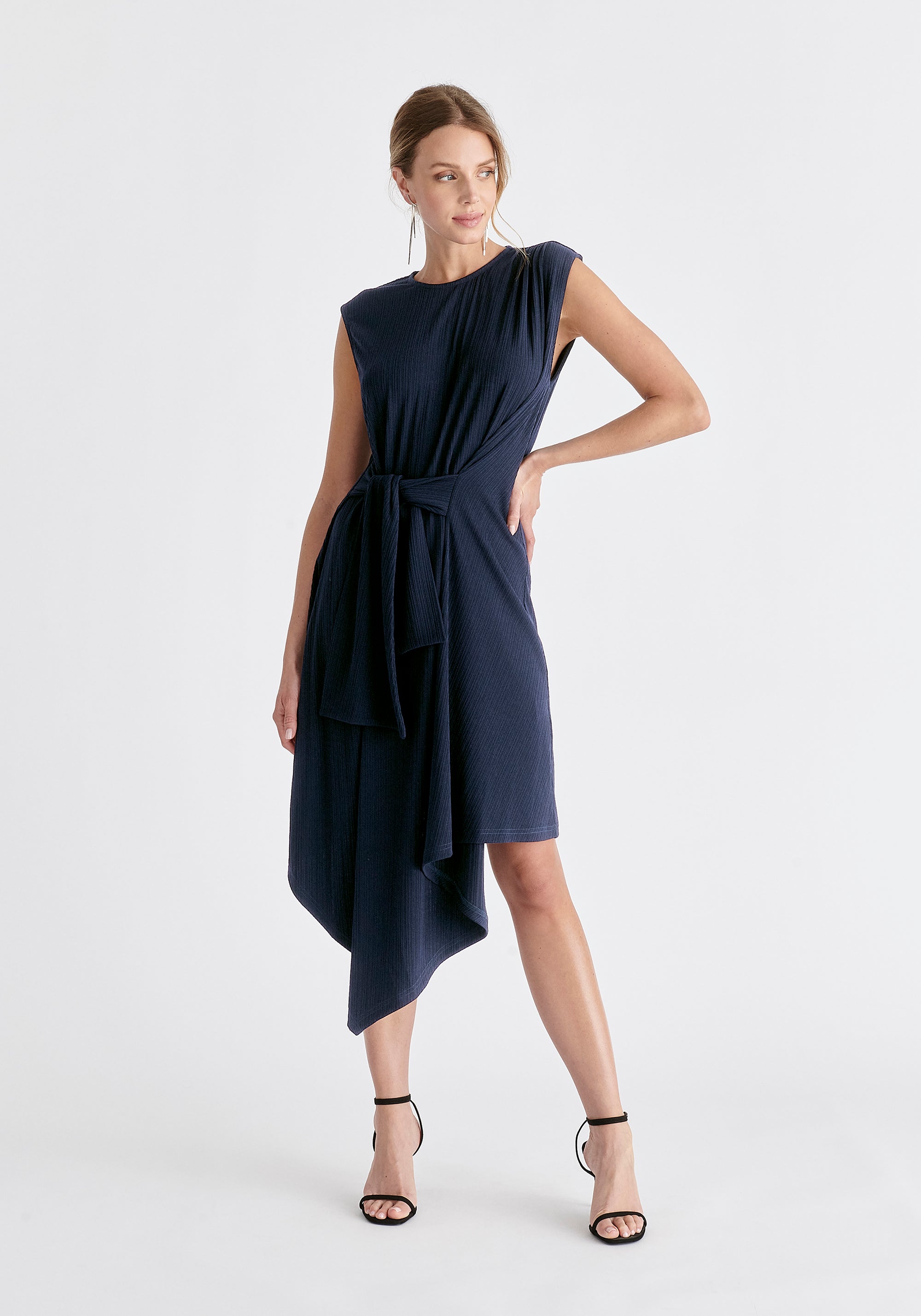 Ribbed Asymmetric Hem Dress in Navy