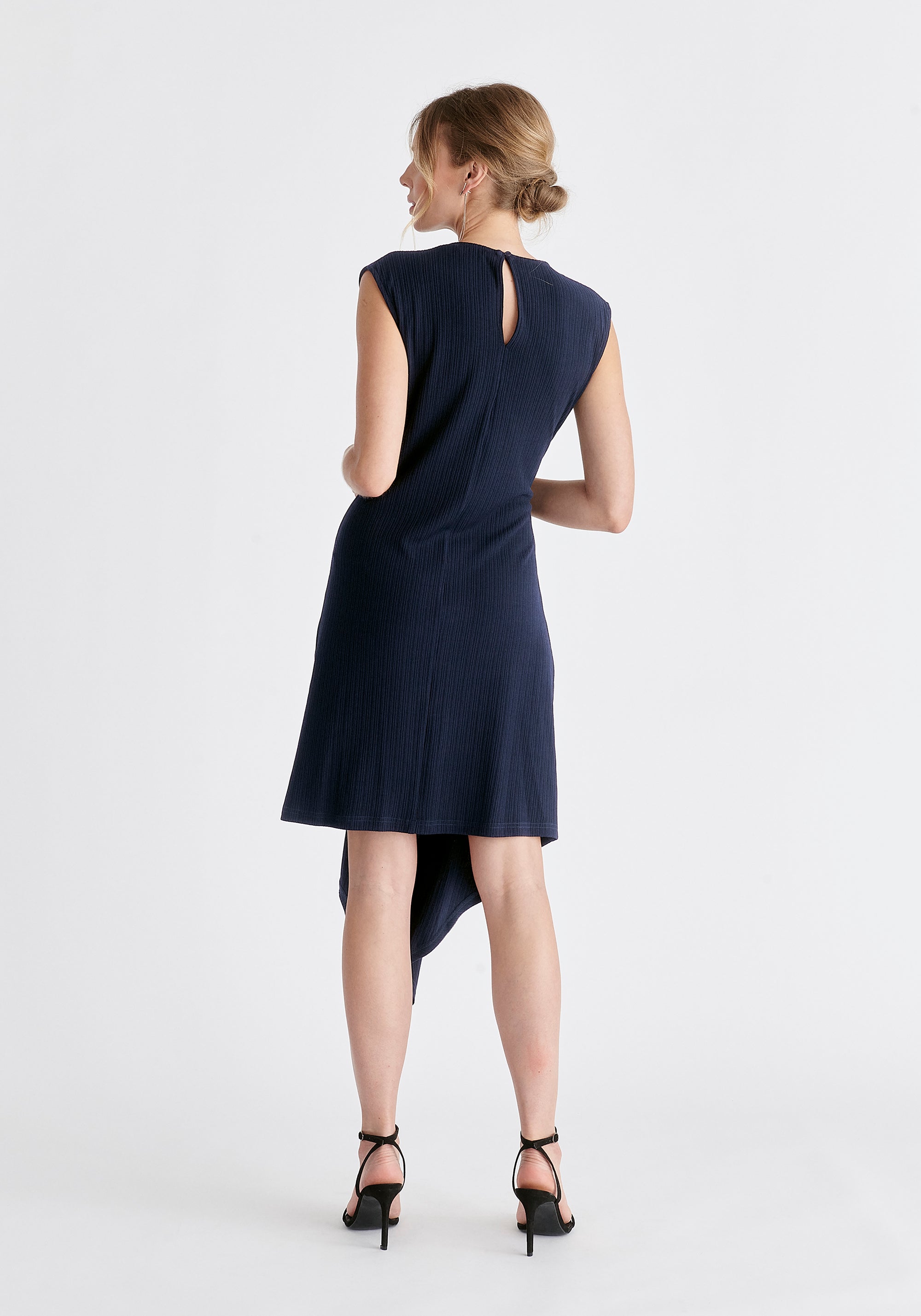 Ribbed Asymmetric Hem Dress in Navy Back