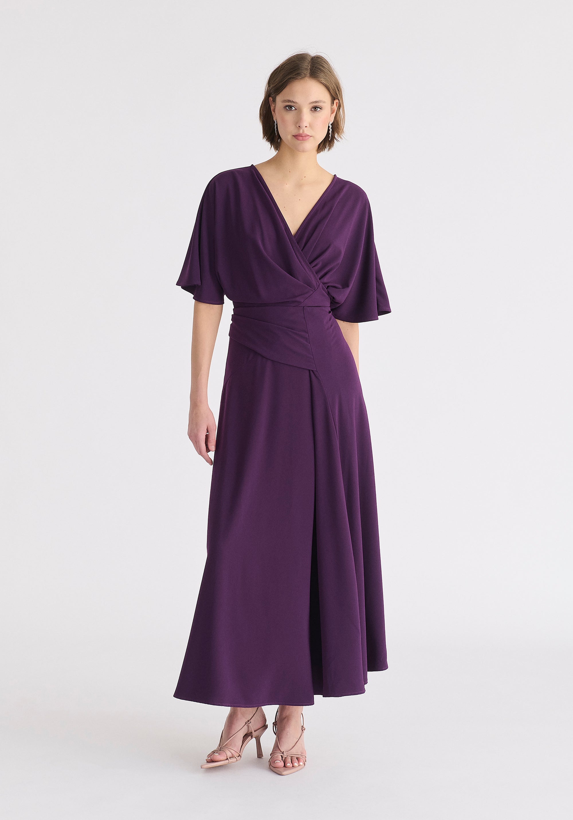 Flare Sleeves Maxi Wrap Dress in Midnight Plum