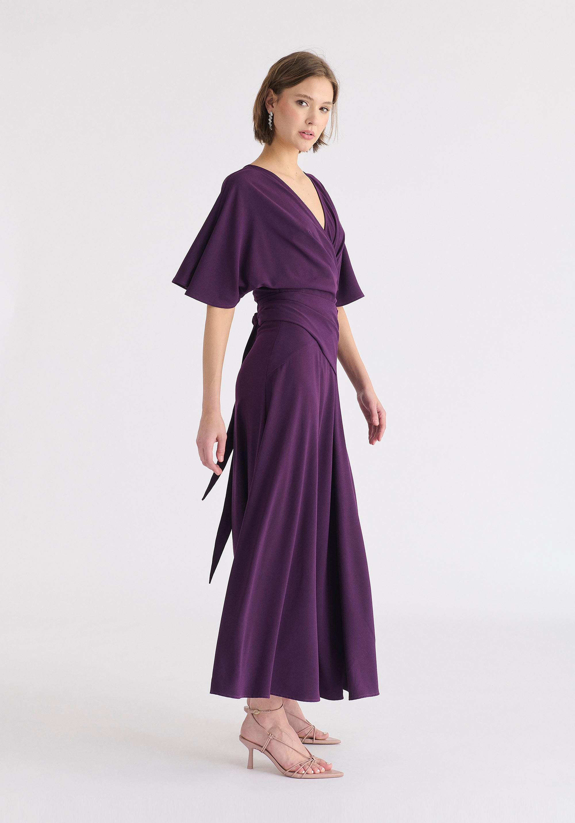 Flare Sleeves Maxi Wrap Dress in Midnight Plum Side