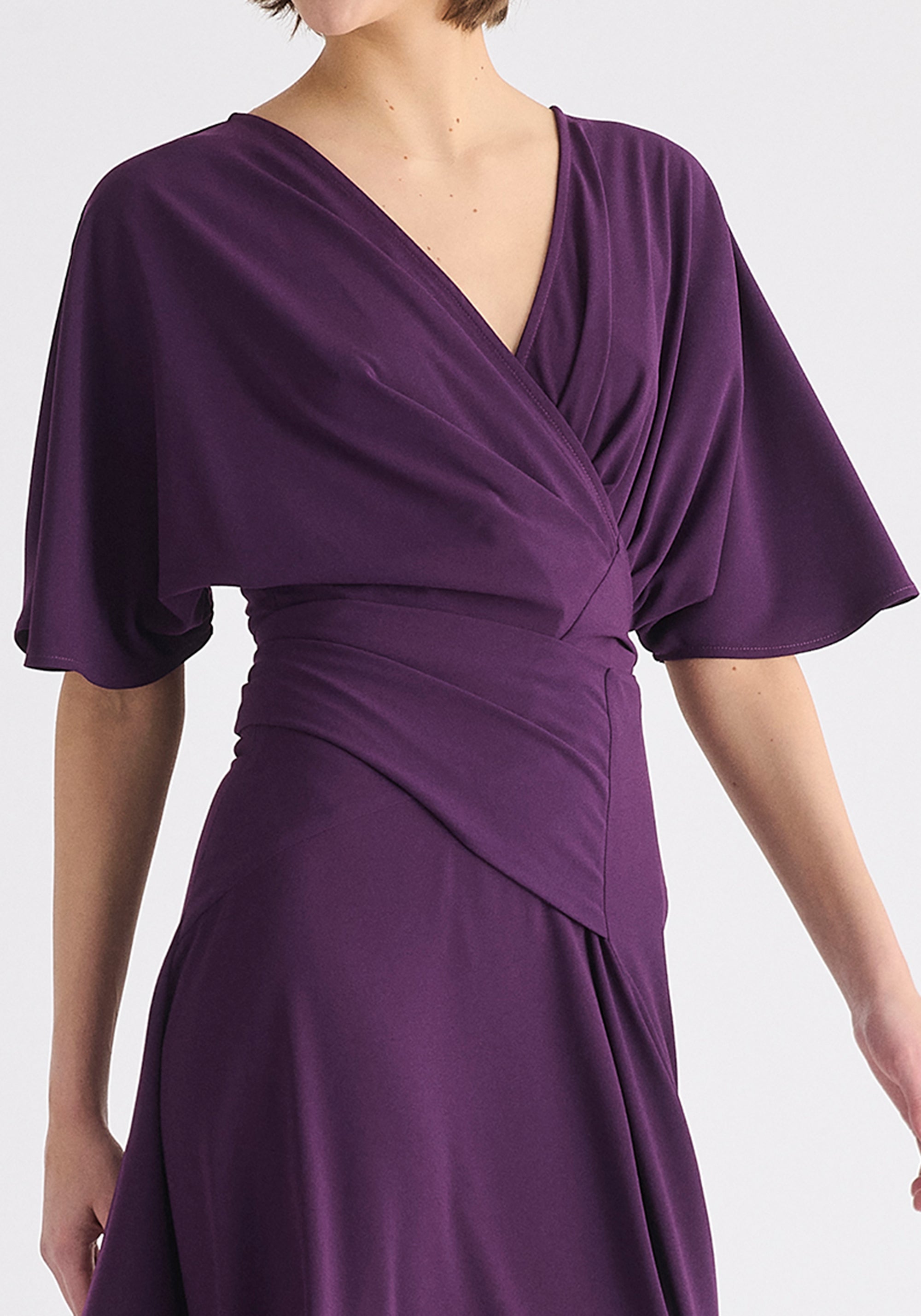 Flare Sleeves Maxi Wrap Dress in Midnight Plum Close Up